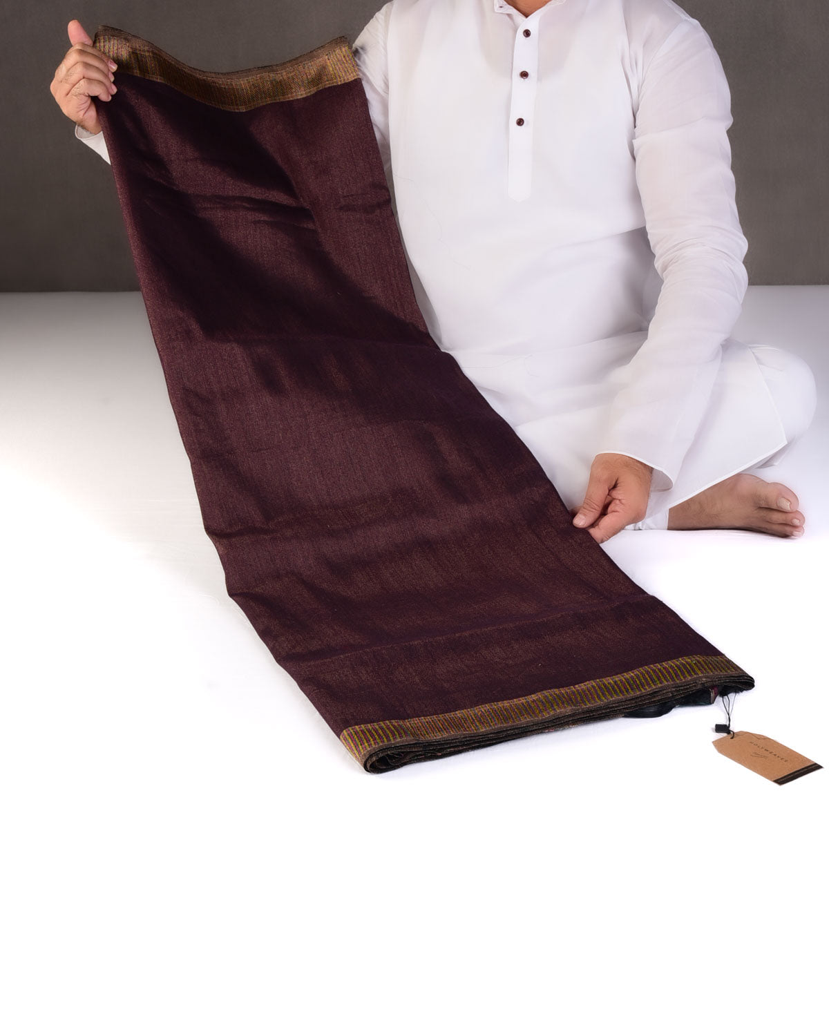 Mahogany Antique Zari Drill Brocade Handwoven Silk Wool Saree with Multi-color Border Pallu-HolyWeaves