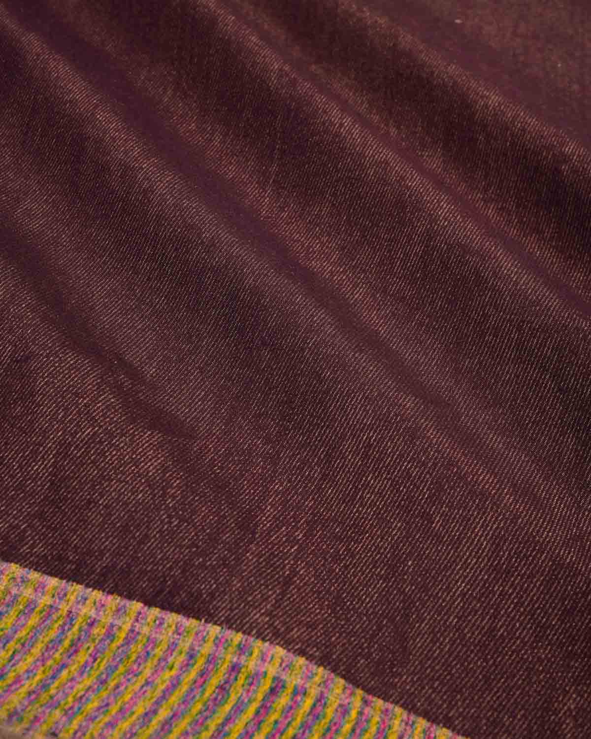 Mahogany Antique Zari Drill Brocade Handwoven Silk Wool Saree with Multi-color Border Pallu-HolyWeaves