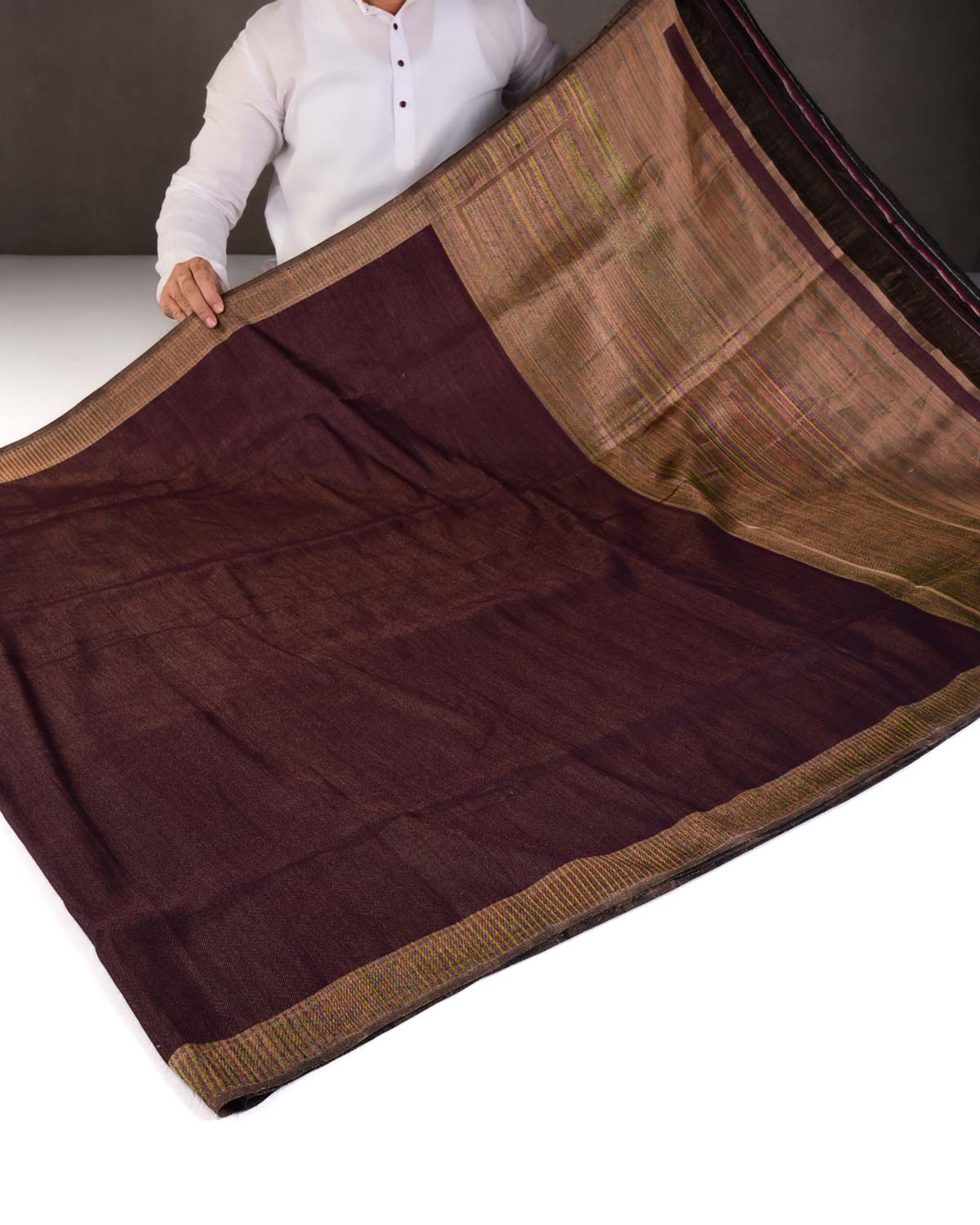 Mahogany Antique Zari Drill Brocade Handwoven Silk Wool Saree with Multi-color Border Pallu-HolyWeaves