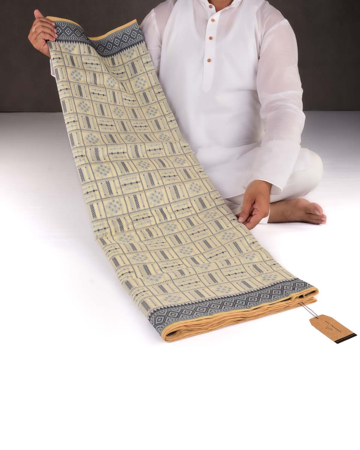 Navy Blue on Cream Banarasi Chequered Resham Cutwork Brocade Woven Art Cotton Silk Saree-HolyWeaves