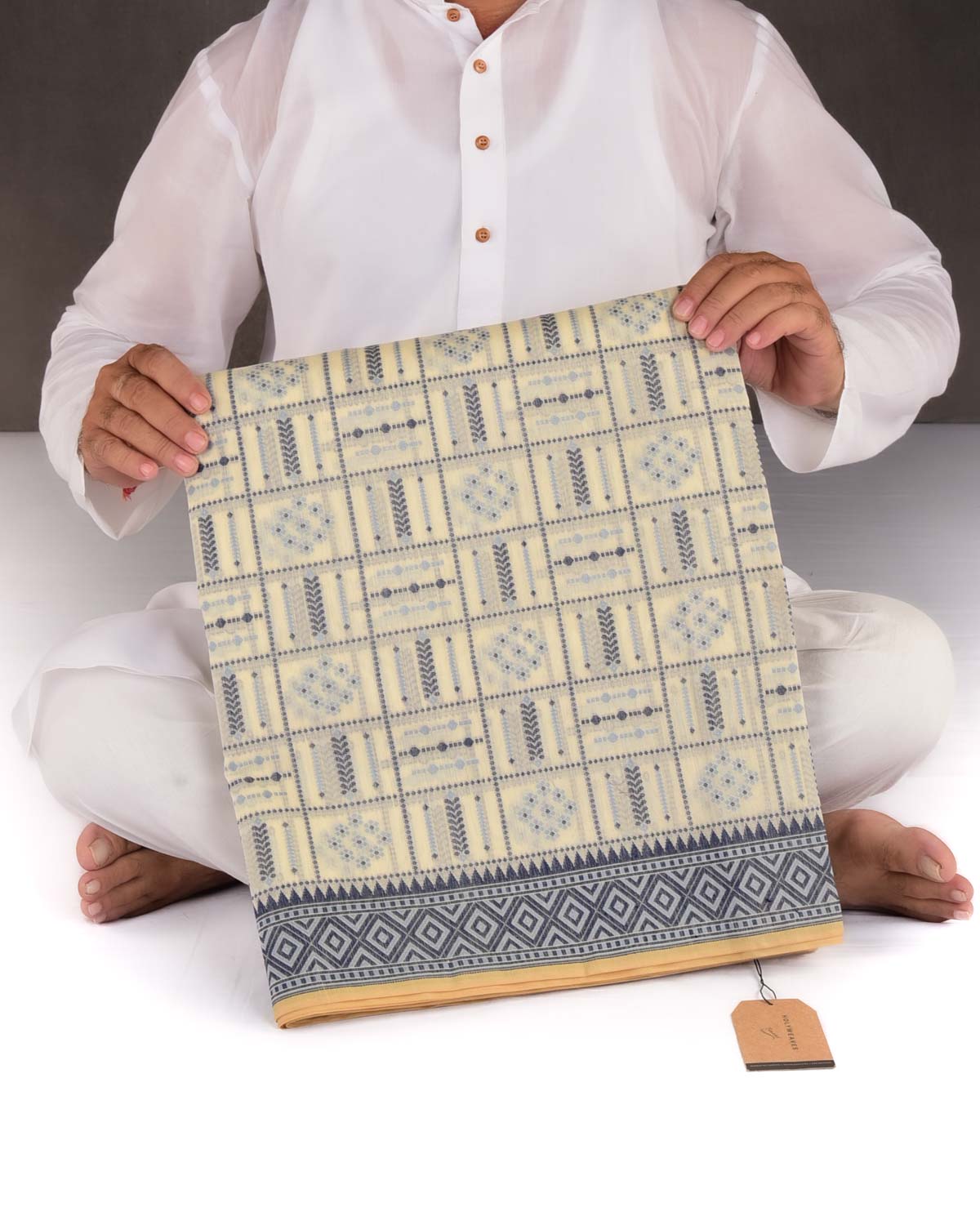 Navy Blue on Cream Banarasi Chequered Resham Cutwork Brocade Woven Art Cotton Silk Saree-HolyWeaves