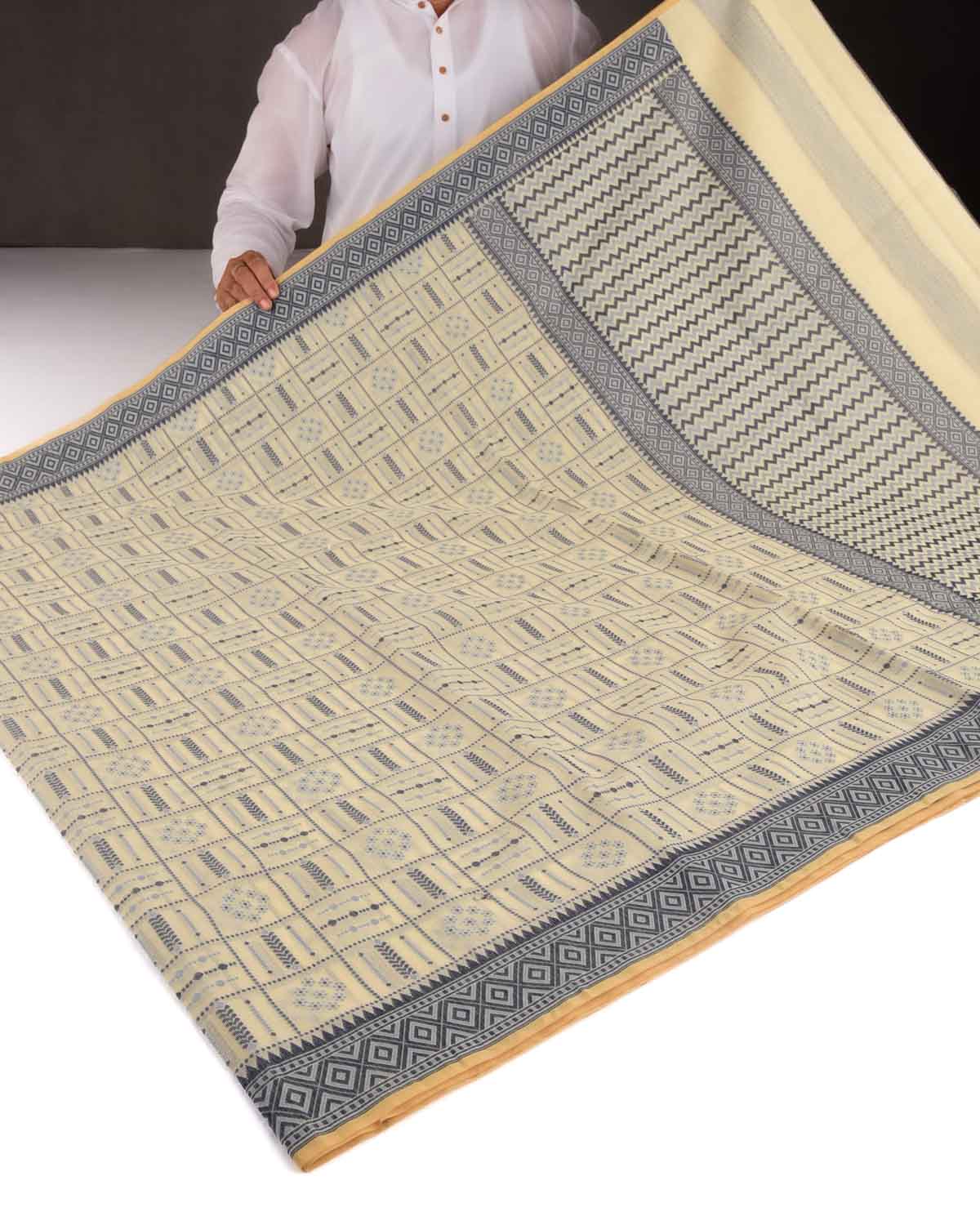 Navy Blue on Cream Banarasi Chequered Resham Cutwork Brocade Woven Art Cotton Silk Saree-HolyWeaves