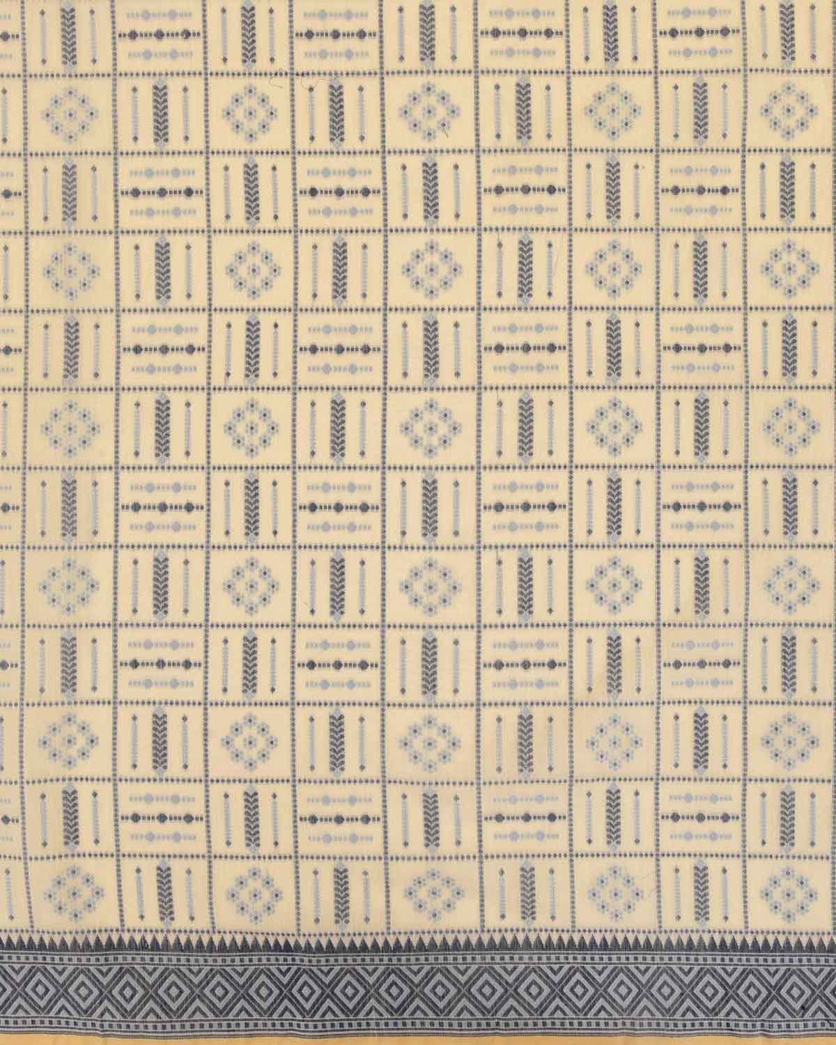 Navy Blue on Cream Banarasi Chequered Resham Cutwork Brocade Woven Art Cotton Silk Saree-HolyWeaves