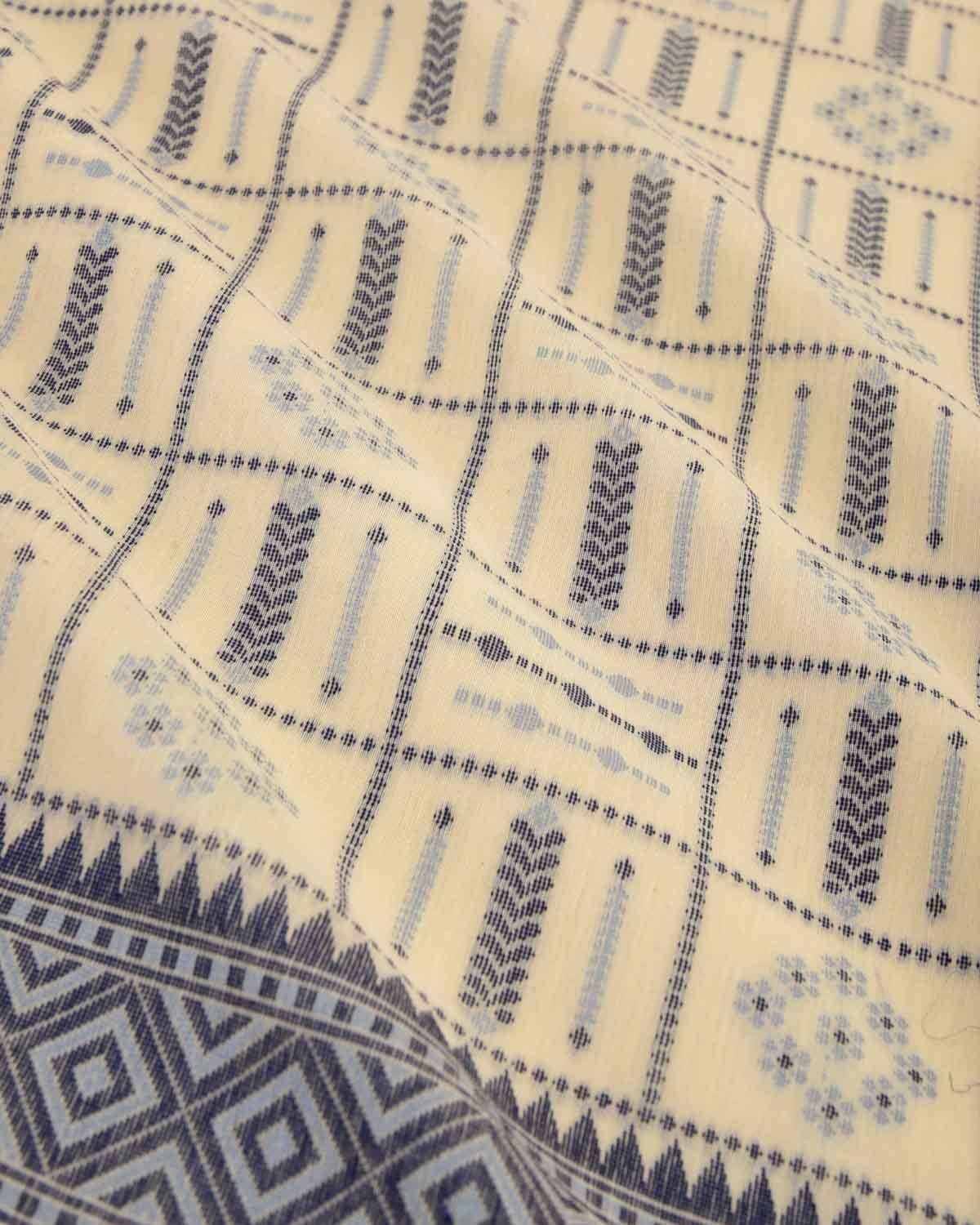 Navy Blue on Cream Banarasi Chequered Resham Cutwork Brocade Woven Art Cotton Silk Saree-HolyWeaves