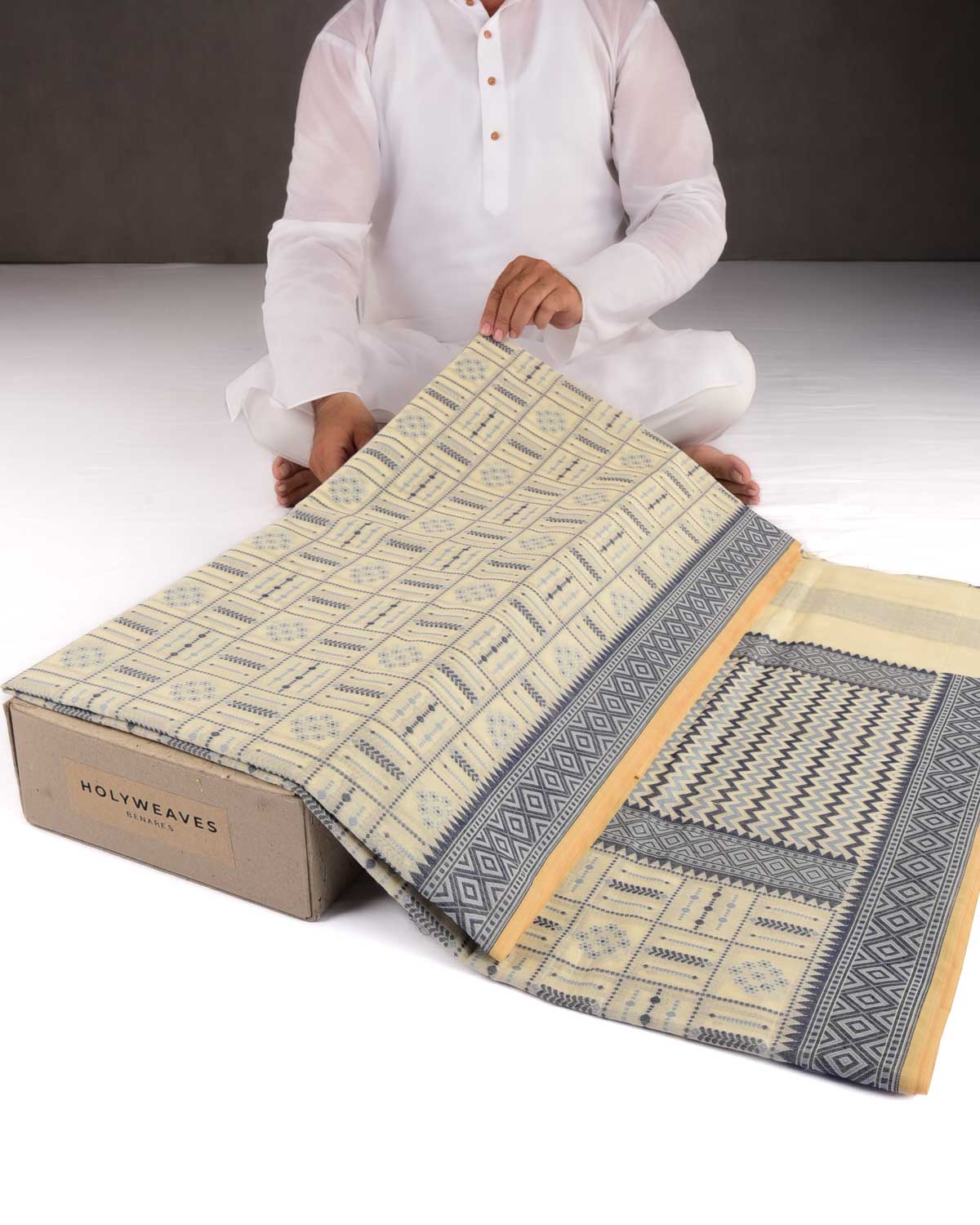 Navy Blue on Cream Banarasi Chequered Resham Cutwork Brocade Woven Art Cotton Silk Saree-HolyWeaves