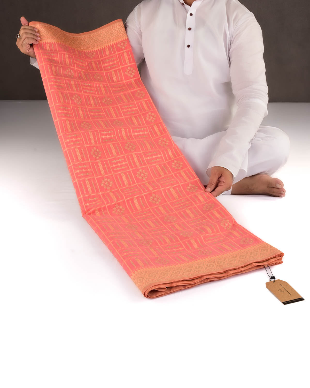 Peach Chequered Resham Cutwork Brocade Woven Art Cotton Silk Banarasi Saree-HolyWeaves