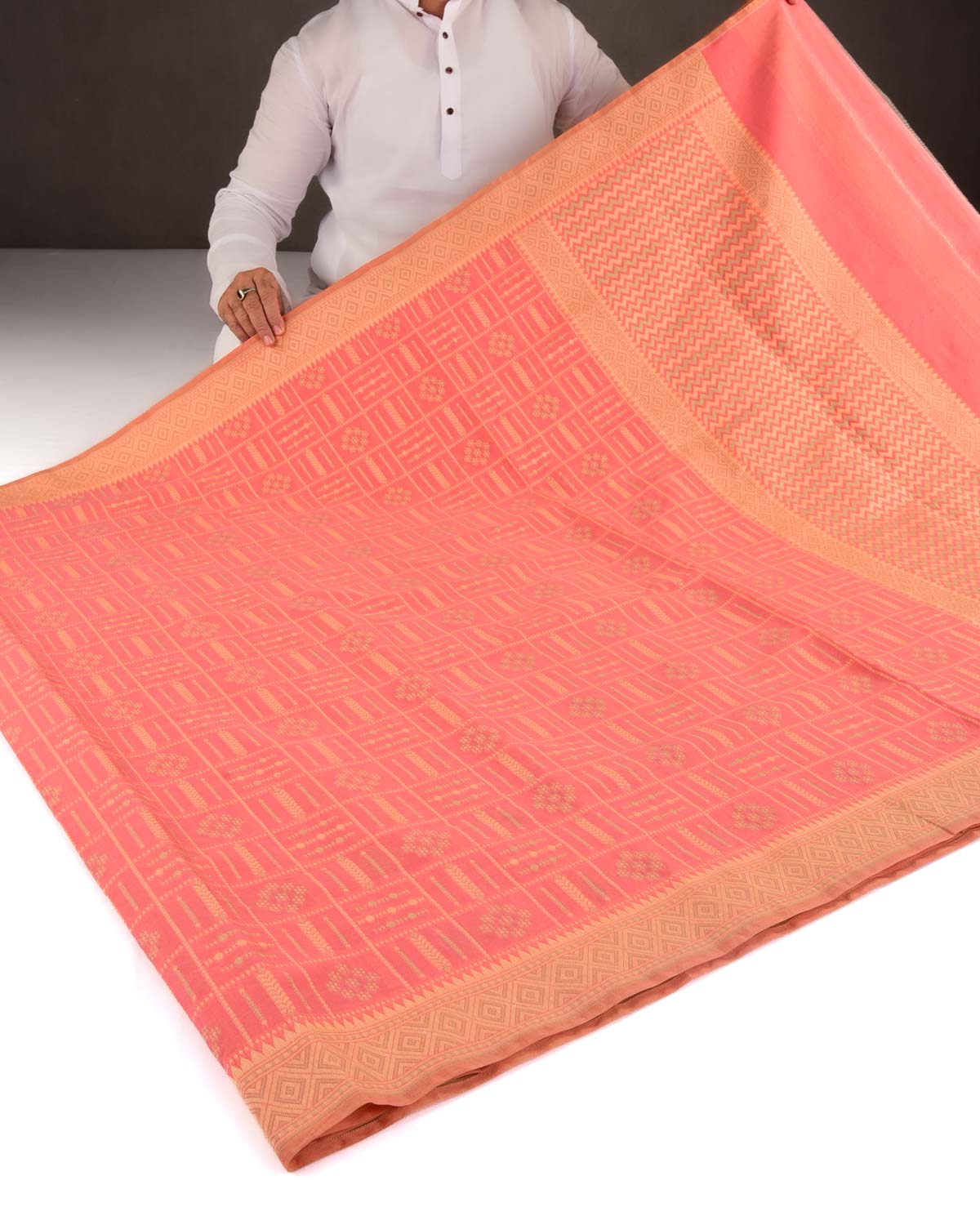 Peach Chequered Resham Cutwork Brocade Woven Art Cotton Silk Banarasi Saree-HolyWeaves