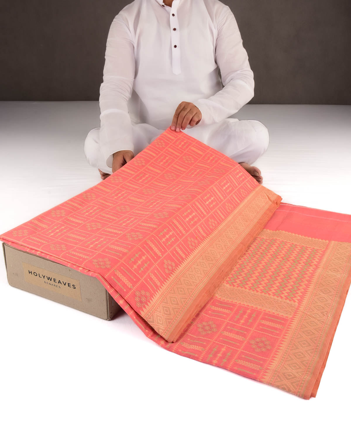 Peach Chequered Resham Cutwork Brocade Woven Art Cotton Silk Banarasi Saree-HolyWeaves