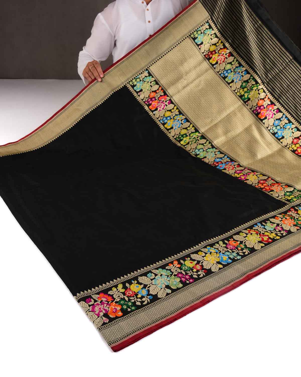 Black Banarasi Kadhuan Brocade Handwoven Katan Silk Saree with Meenekari Bel Border Pallu-HolyWeaves