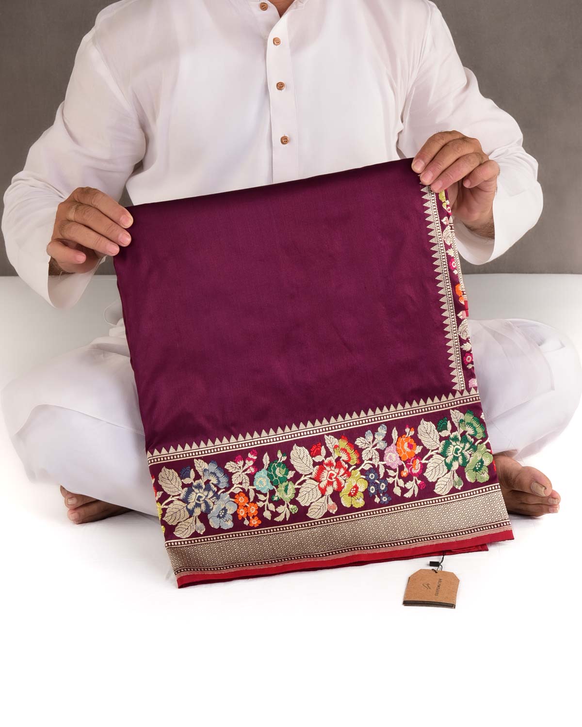 Mahogany Kadhuan Brocade Handwoven Katan Silk Banarasi Saree with Meenekari Bel Border Pallu-HolyWeaves