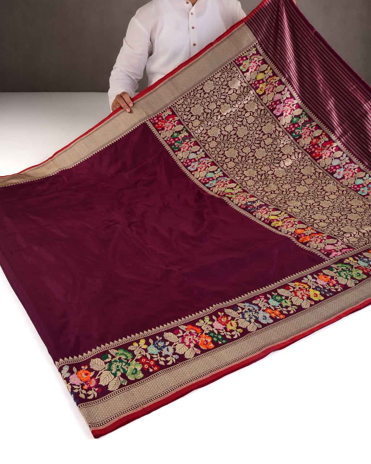 Mahogany Kadhuan Brocade Handwoven Katan Silk Banarasi Saree with Meenekari Bel Border Pallu-HolyWeaves