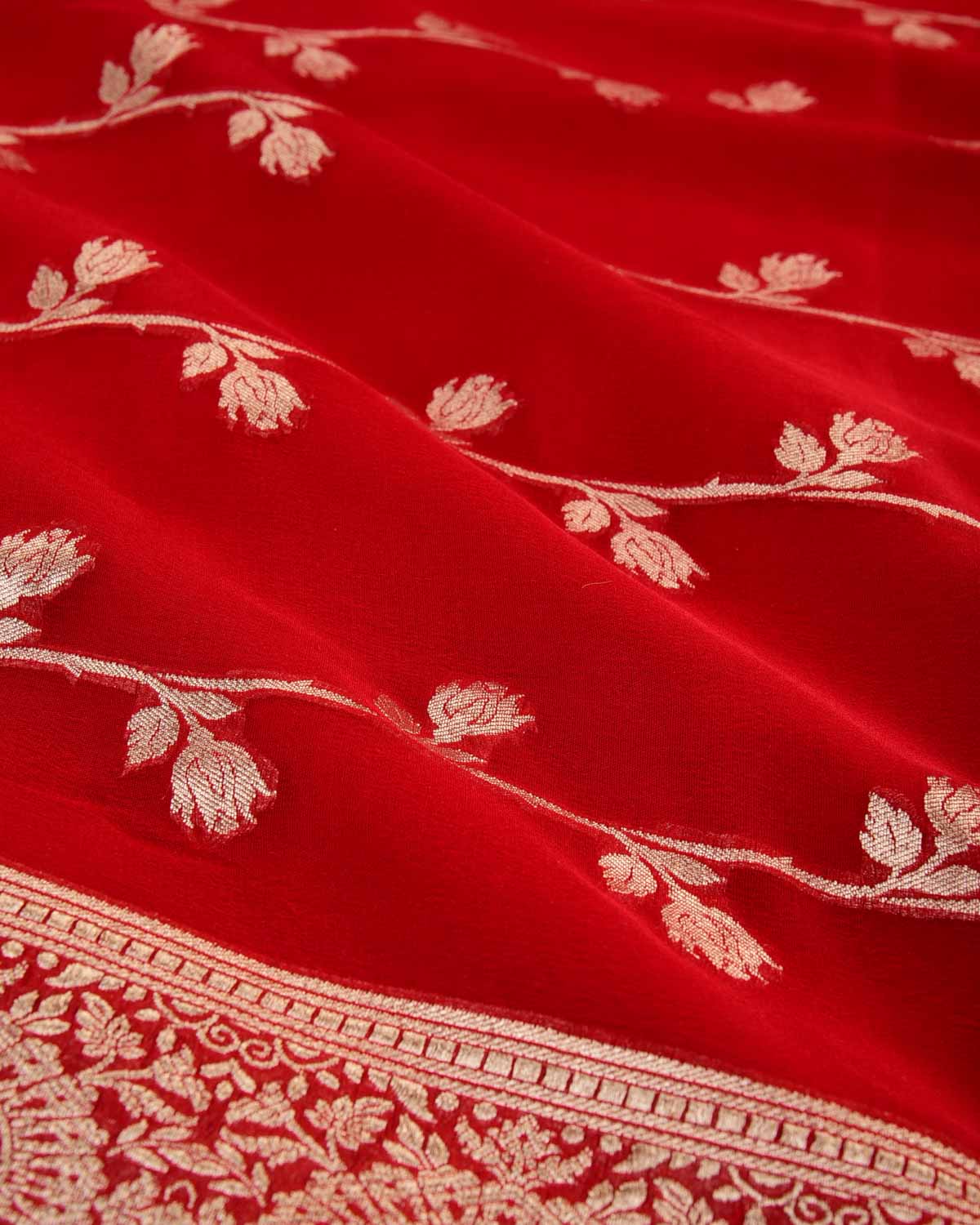 Red Banarasi Gold Zari Cutwork Brocade Handwoven Khaddi Georgette Saree-HolyWeaves