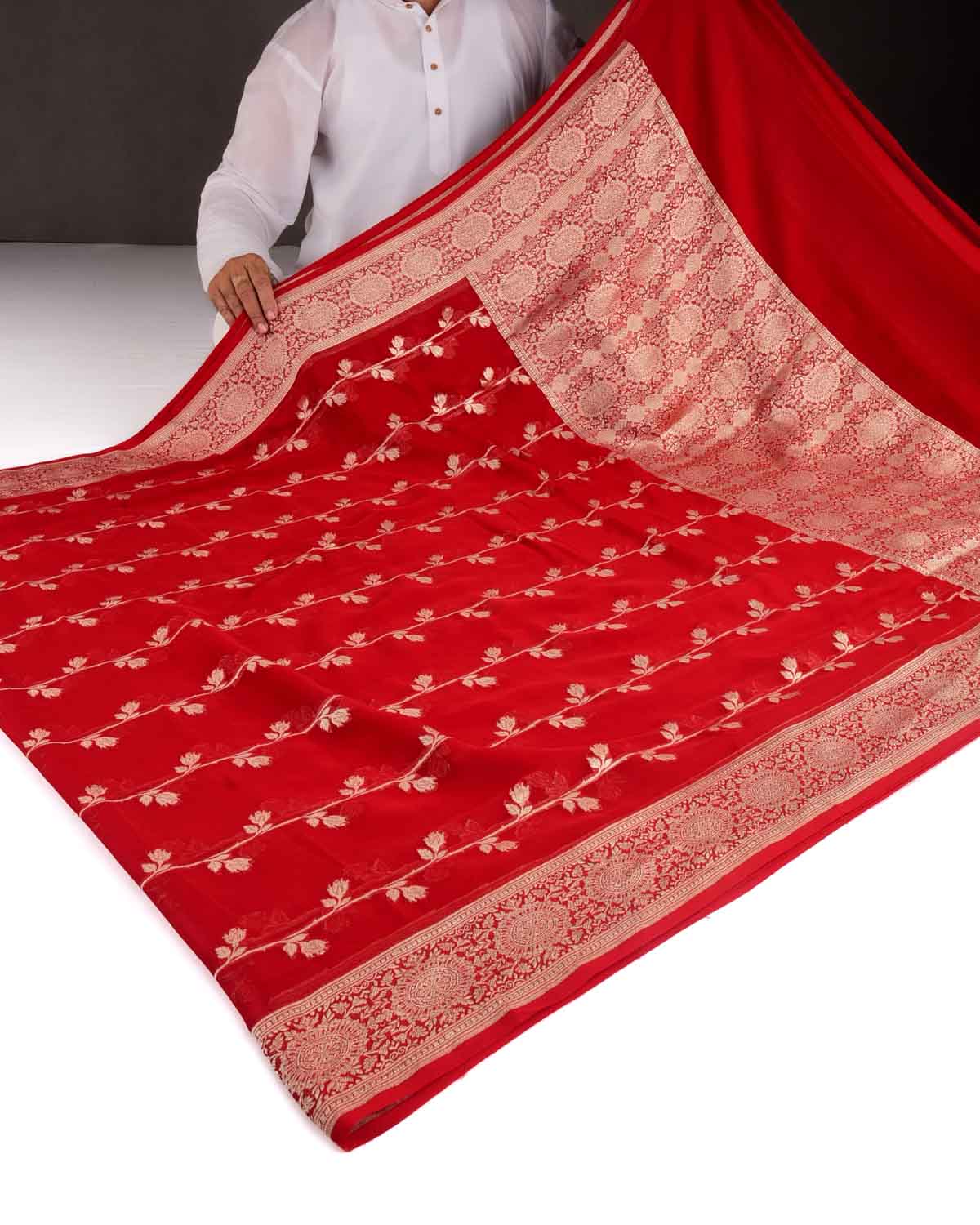 Red Banarasi Gold Zari Cutwork Brocade Handwoven Khaddi Georgette Saree-HolyWeaves