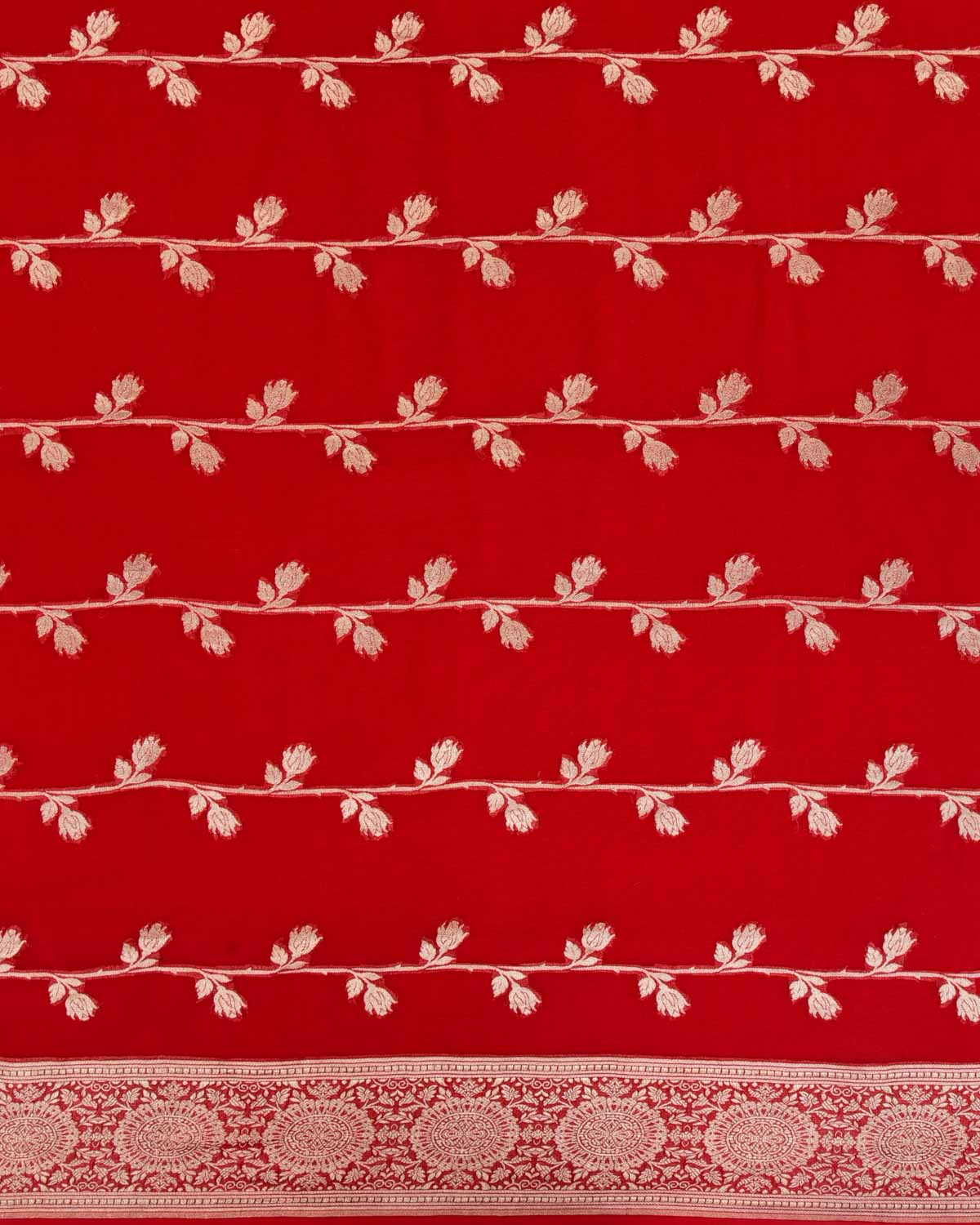 Red Banarasi Gold Zari Cutwork Brocade Handwoven Khaddi Georgette Saree-HolyWeaves