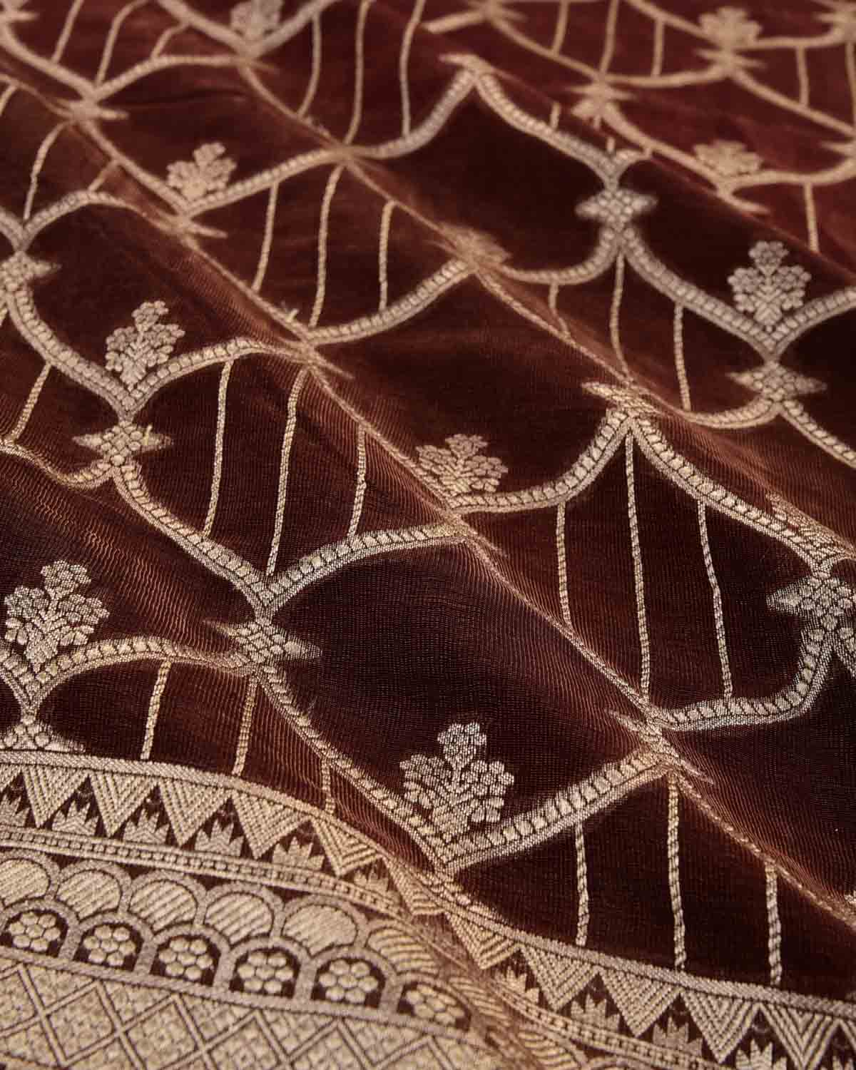 Ombre Metallic Brown Banarasi Gold Zari Cutwork Brocade Handwoven Khaddi Georgette Tissue Saree-HolyWeaves