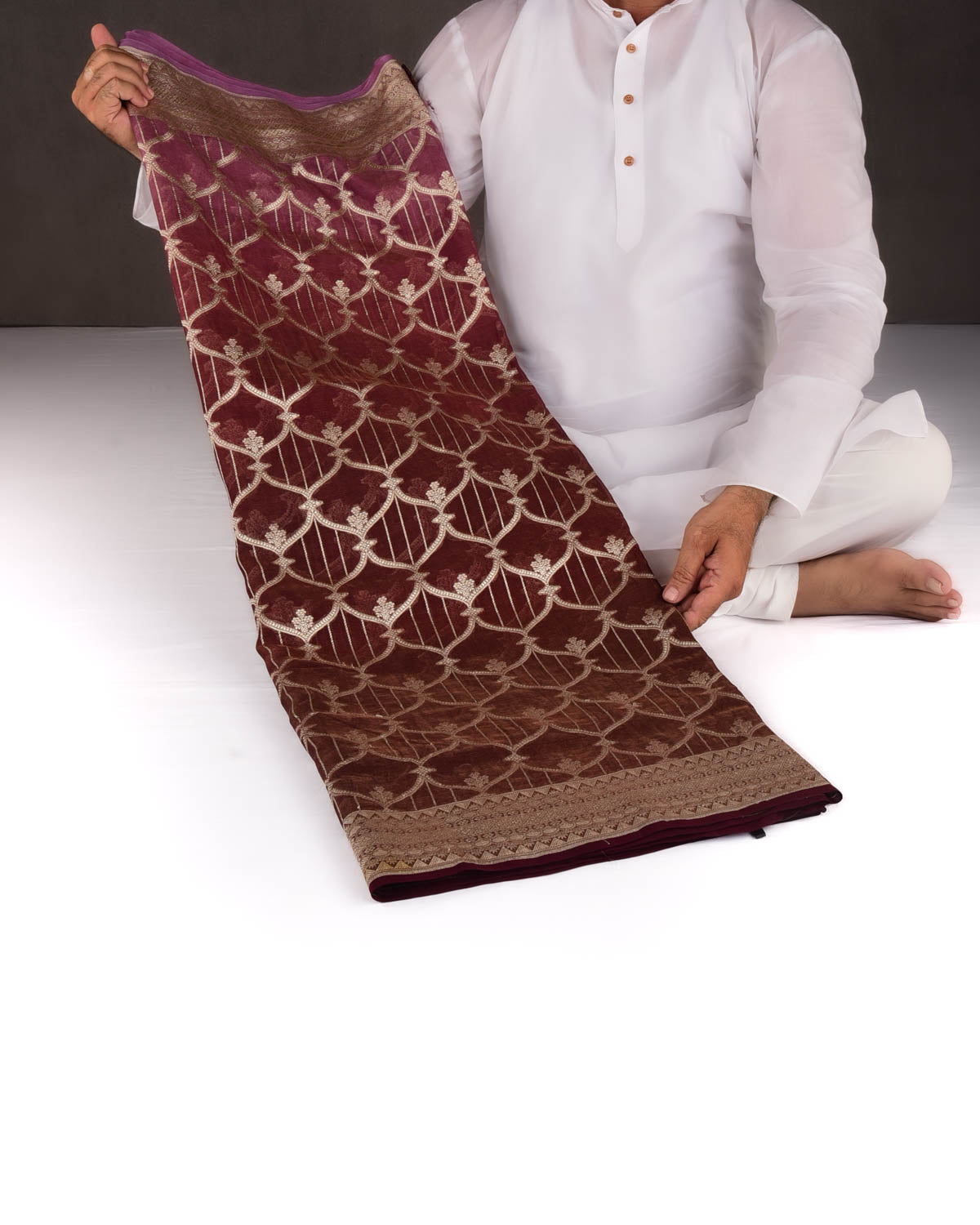 Ombre Metallic Brown Banarasi Gold Zari Cutwork Brocade Handwoven Khaddi Georgette Tissue Saree-HolyWeaves