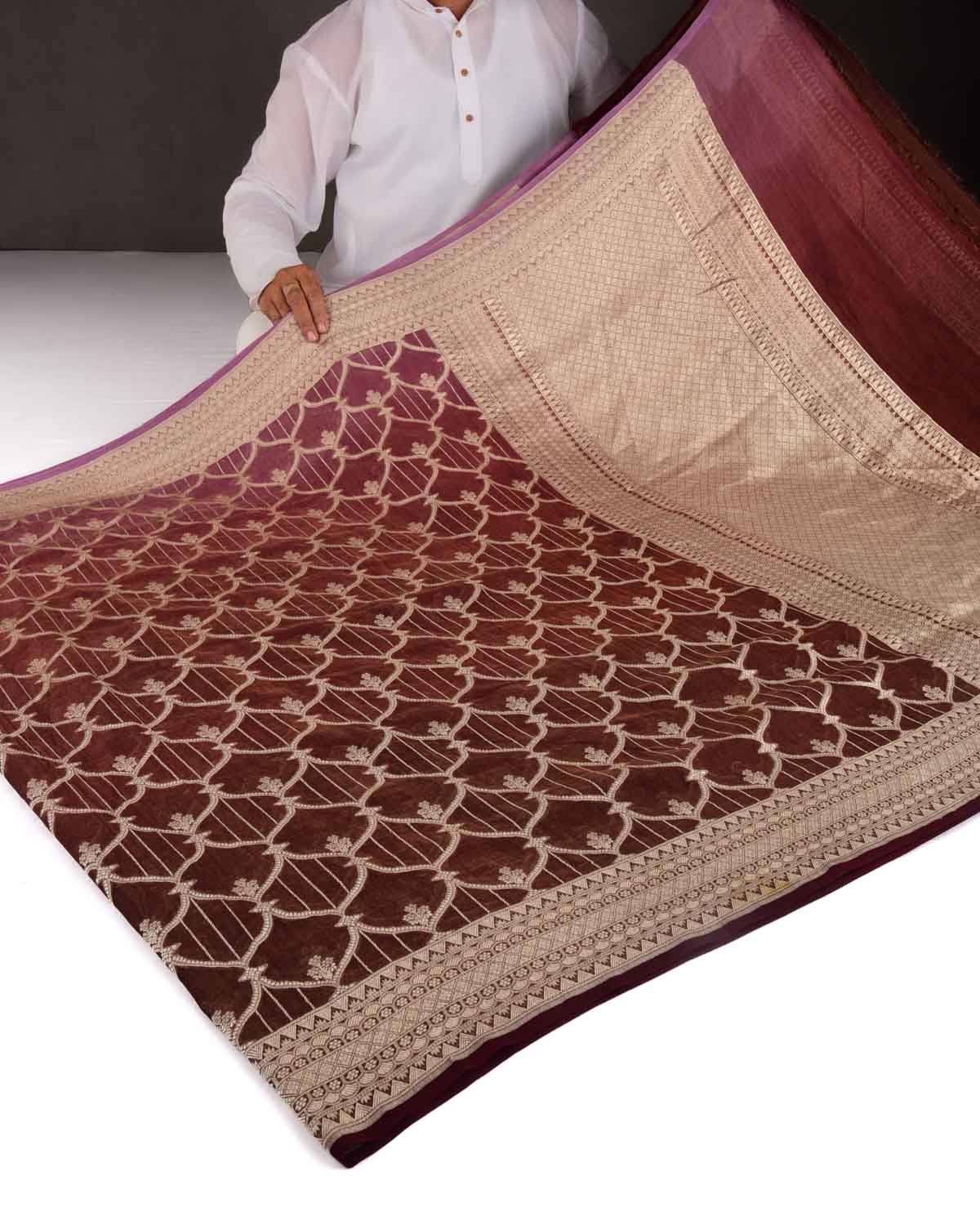 Ombre Metallic Brown Banarasi Gold Zari Cutwork Brocade Handwoven Khaddi Georgette Tissue Saree-HolyWeaves