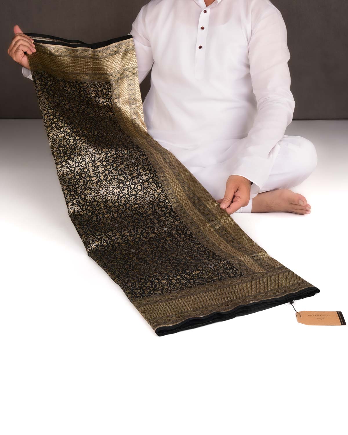 Black Gold Zari Brocade Handwoven Katan Silk Banarasi Saree-HolyWeaves