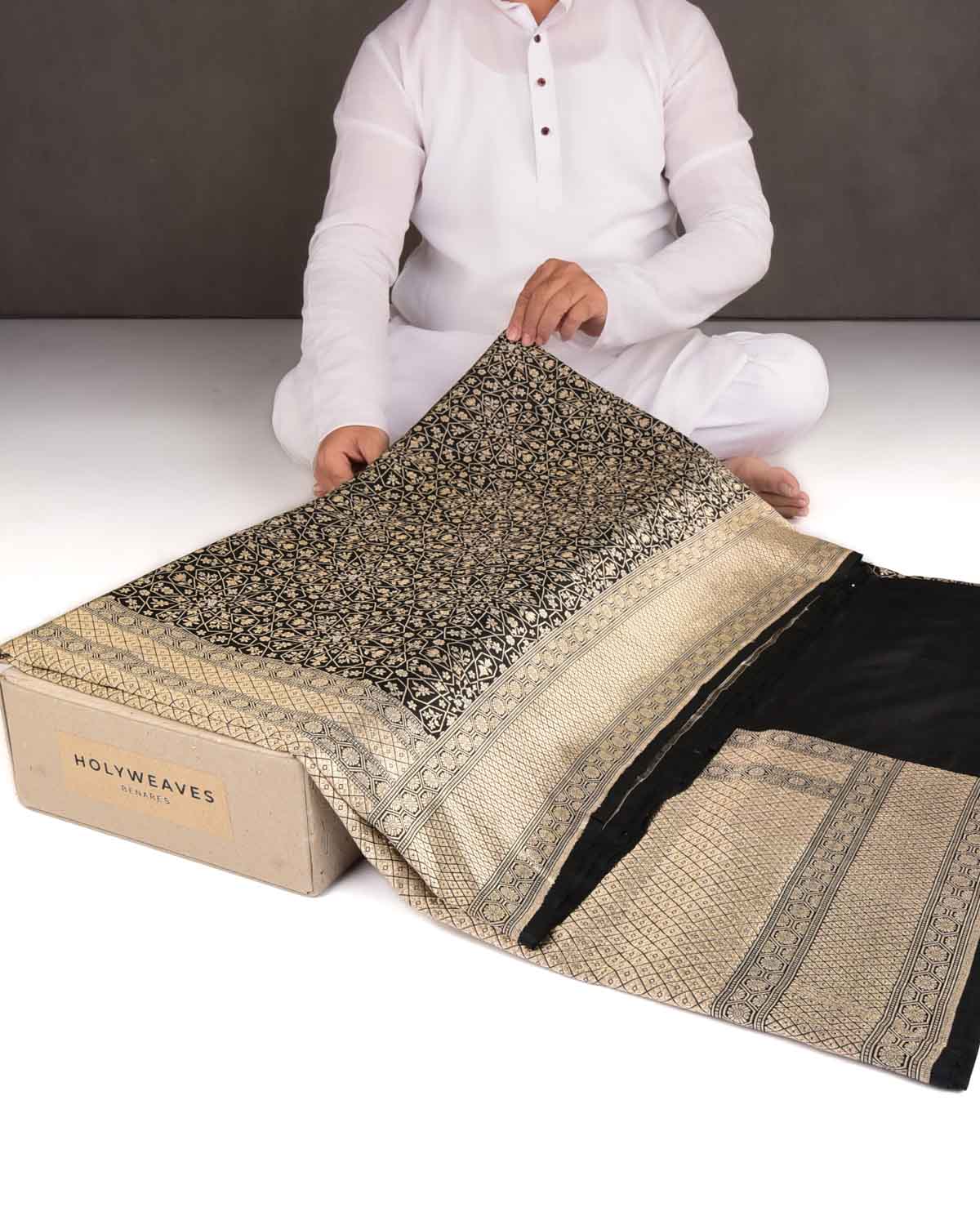Black Gold Zari Brocade Handwoven Katan Silk Banarasi Saree-HolyWeaves