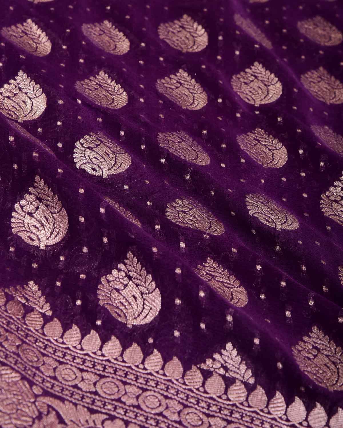 Purple Gold Zari Buti Cutwork Brocade Handwoven Khaddi Georgette Banarasi Saree-HolyWeaves