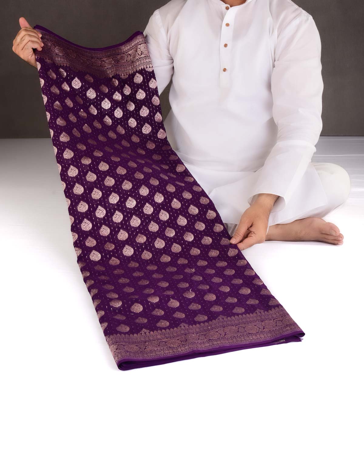 Purple Gold Zari Buti Cutwork Brocade Handwoven Khaddi Georgette Banarasi Saree-HolyWeaves