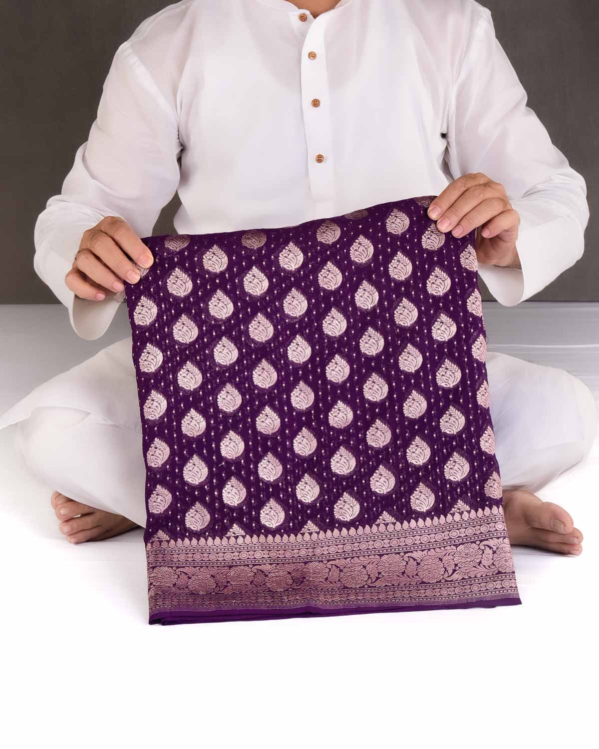 Purple Gold Zari Buti Cutwork Brocade Handwoven Khaddi Georgette Banarasi Saree-HolyWeaves