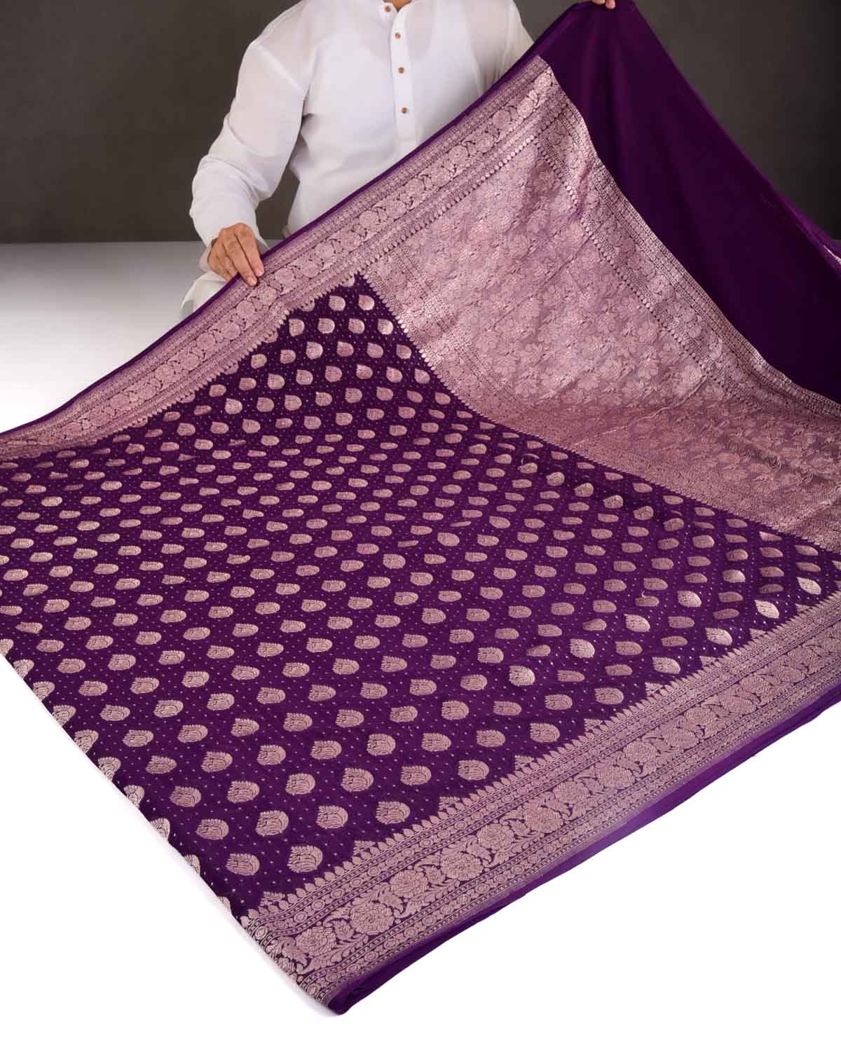 Purple Gold Zari Buti Cutwork Brocade Handwoven Khaddi Georgette Banarasi Saree-HolyWeaves