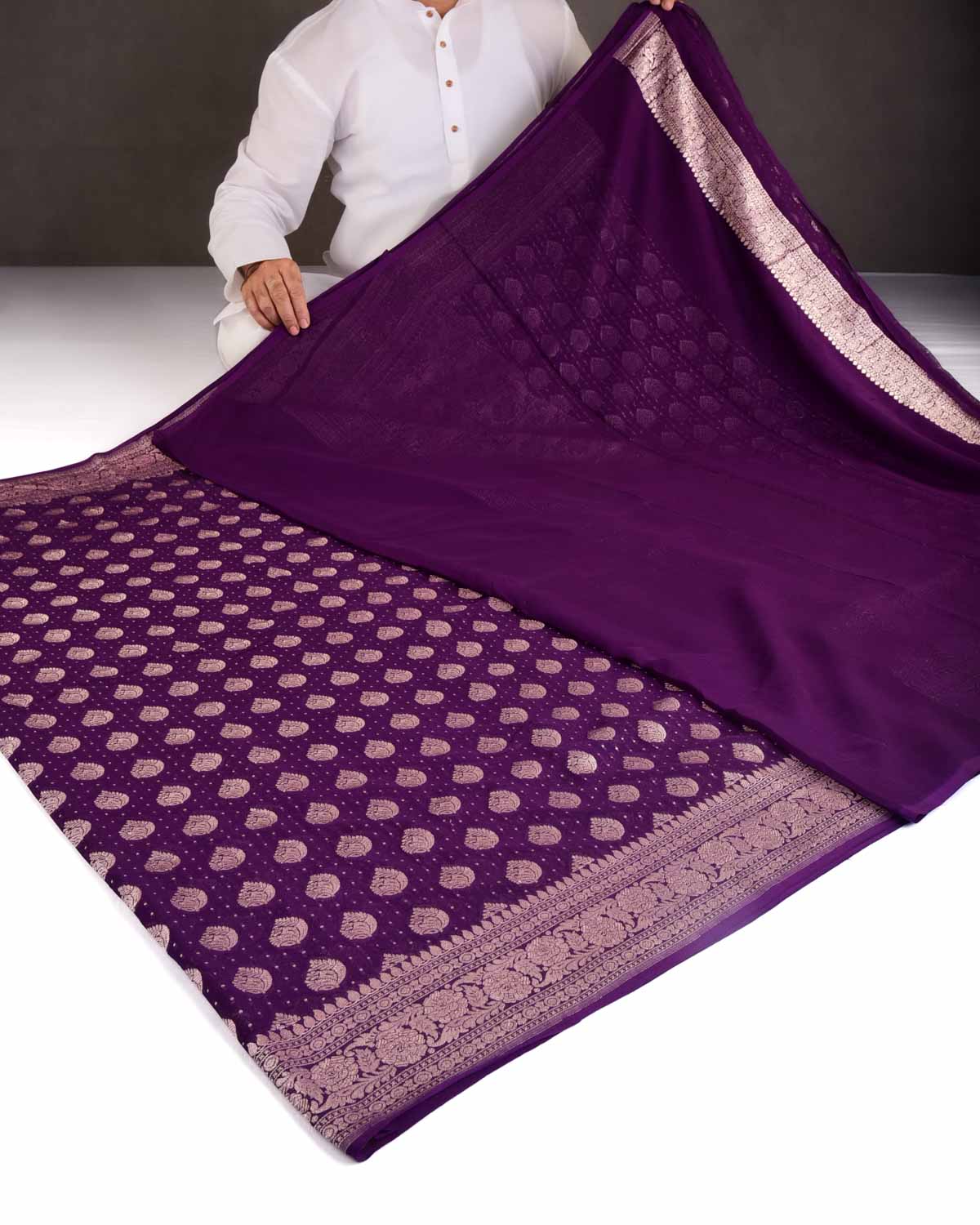 Purple Gold Zari Buti Cutwork Brocade Handwoven Khaddi Georgette Banarasi Saree-HolyWeaves