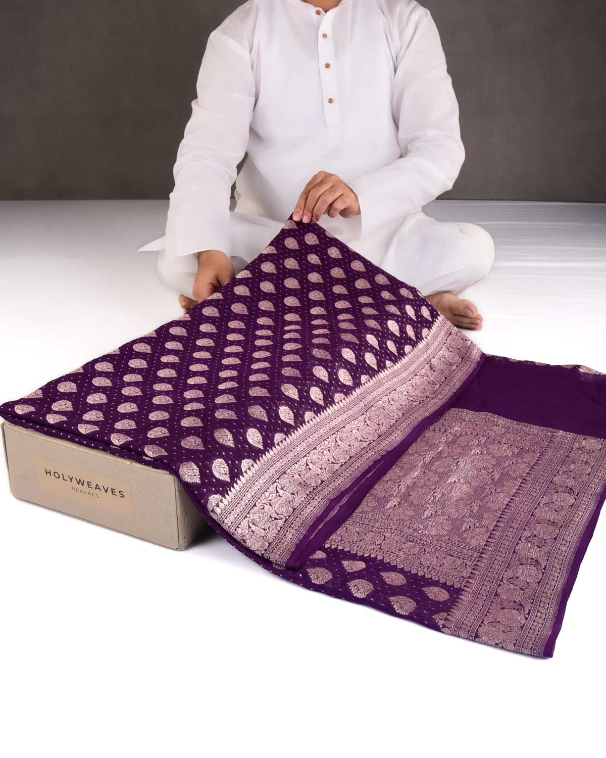 Purple Gold Zari Buti Cutwork Brocade Handwoven Khaddi Georgette Banarasi Saree-HolyWeaves