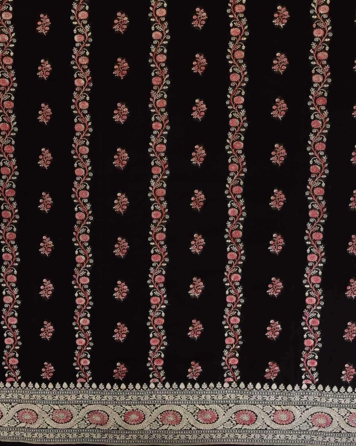 Black Gold Zari Stripe Buti Hand-Brush Dye Cutwork Brocade Handwoven Khaddi Georgette Banarasi Saree-HolyWeaves