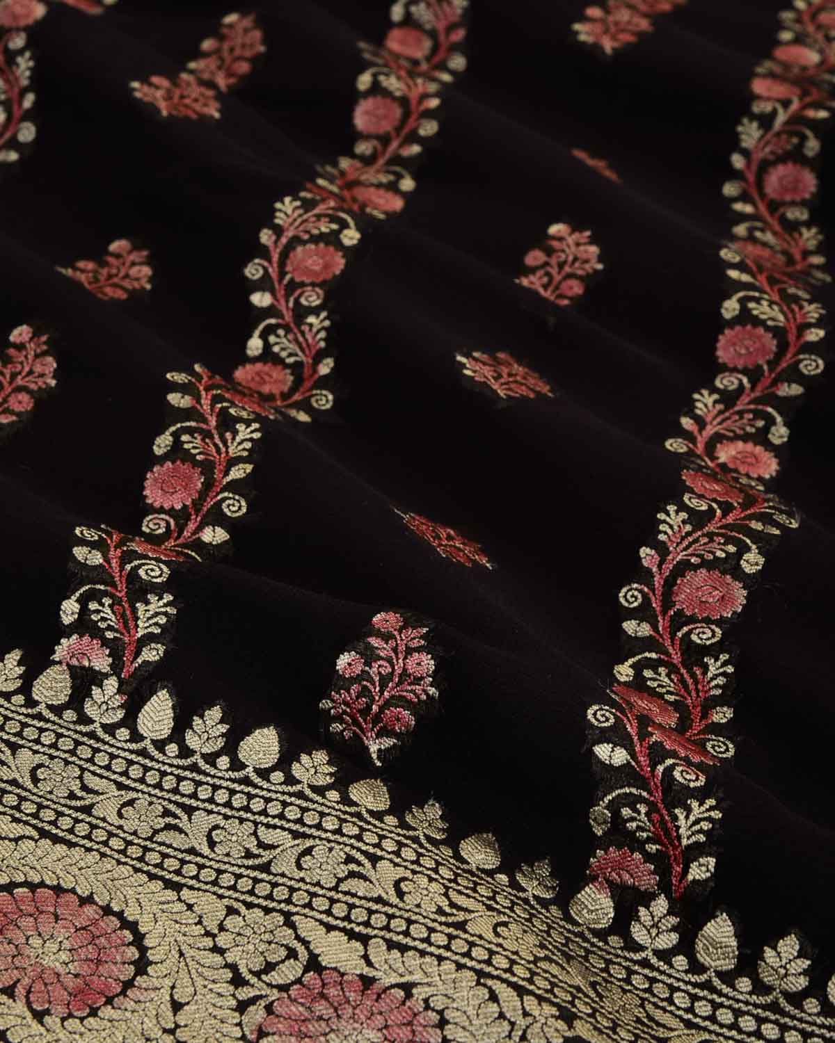 Black Gold Zari Stripe Buti Hand-Brush Dye Cutwork Brocade Handwoven Khaddi Georgette Banarasi Saree-HolyWeaves