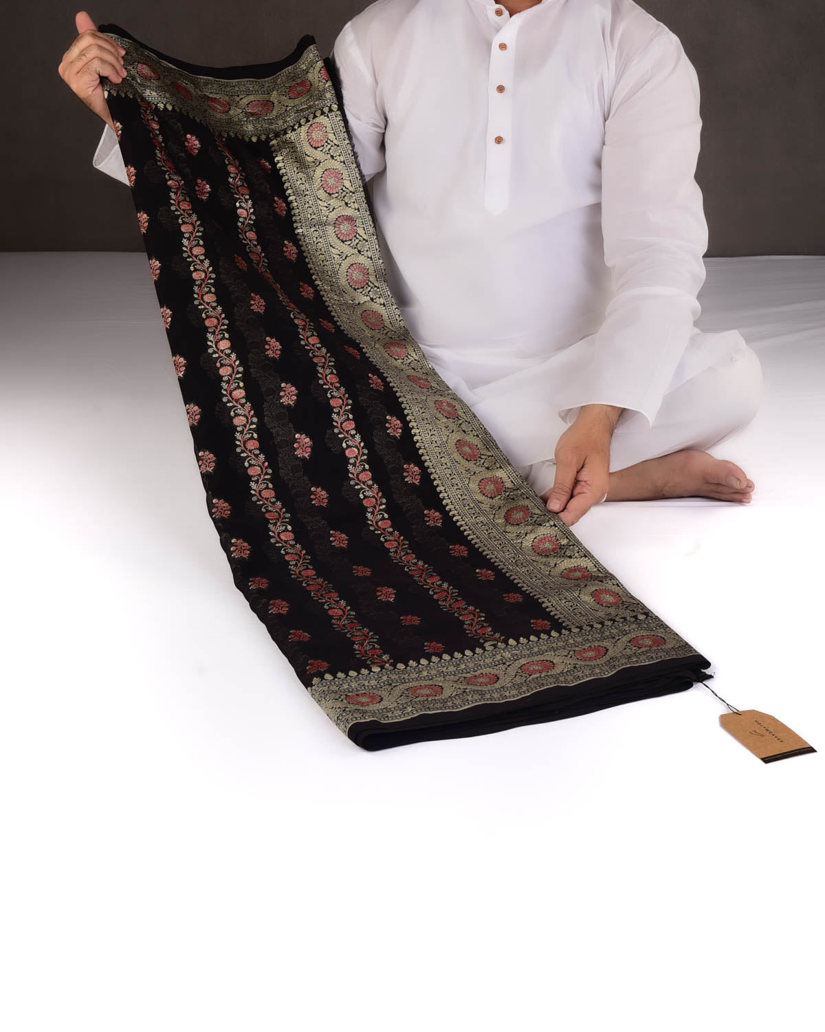 Black Gold Zari Stripe Buti Hand-Brush Dye Cutwork Brocade Handwoven Khaddi Georgette Banarasi Saree-HolyWeaves