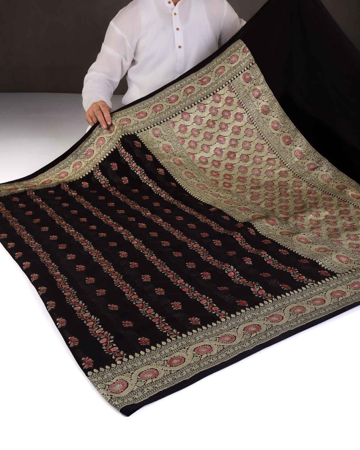 Black Gold Zari Stripe Buti Hand-Brush Dye Cutwork Brocade Handwoven Khaddi Georgette Banarasi Saree-HolyWeaves
