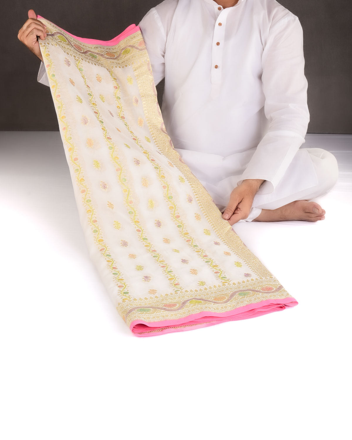 Ivory White Gold Zari Ornament Stripe Buti Hand Brush Highlight Cutwork Brocade Handwoven Khaddi Georgette Banarasi Saree-HolyWeaves