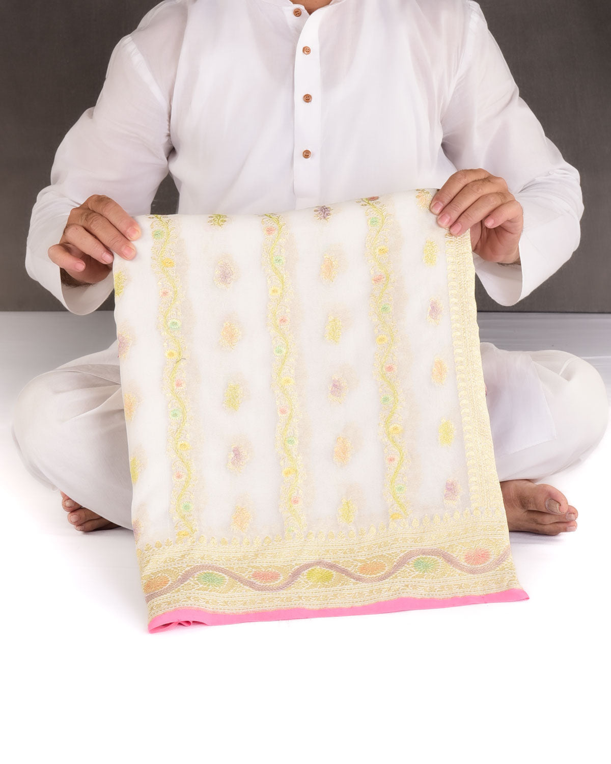 Ivory White Gold Zari Ornament Stripe Buti Hand Brush Highlight Cutwork Brocade Handwoven Khaddi Georgette Banarasi Saree-HolyWeaves