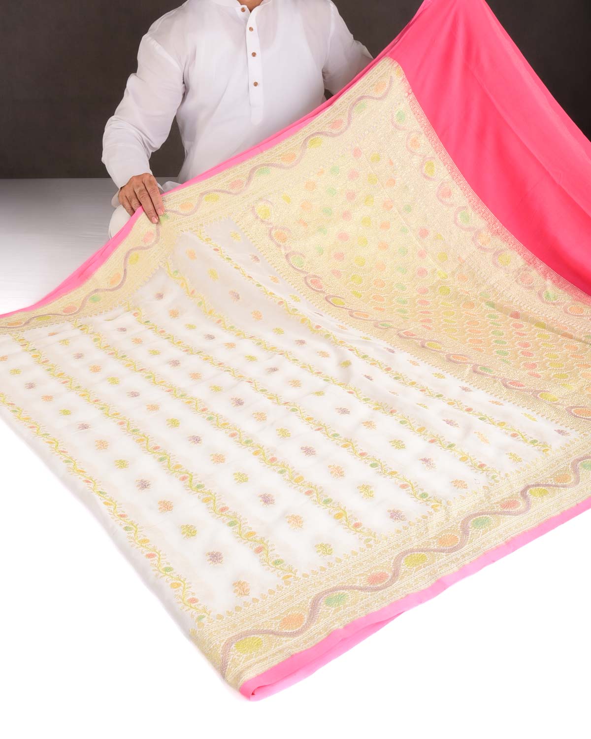 Ivory White Gold Zari Ornament Stripe Buti Hand Brush Highlight Cutwork Brocade Handwoven Khaddi Georgette Banarasi Saree-HolyWeaves