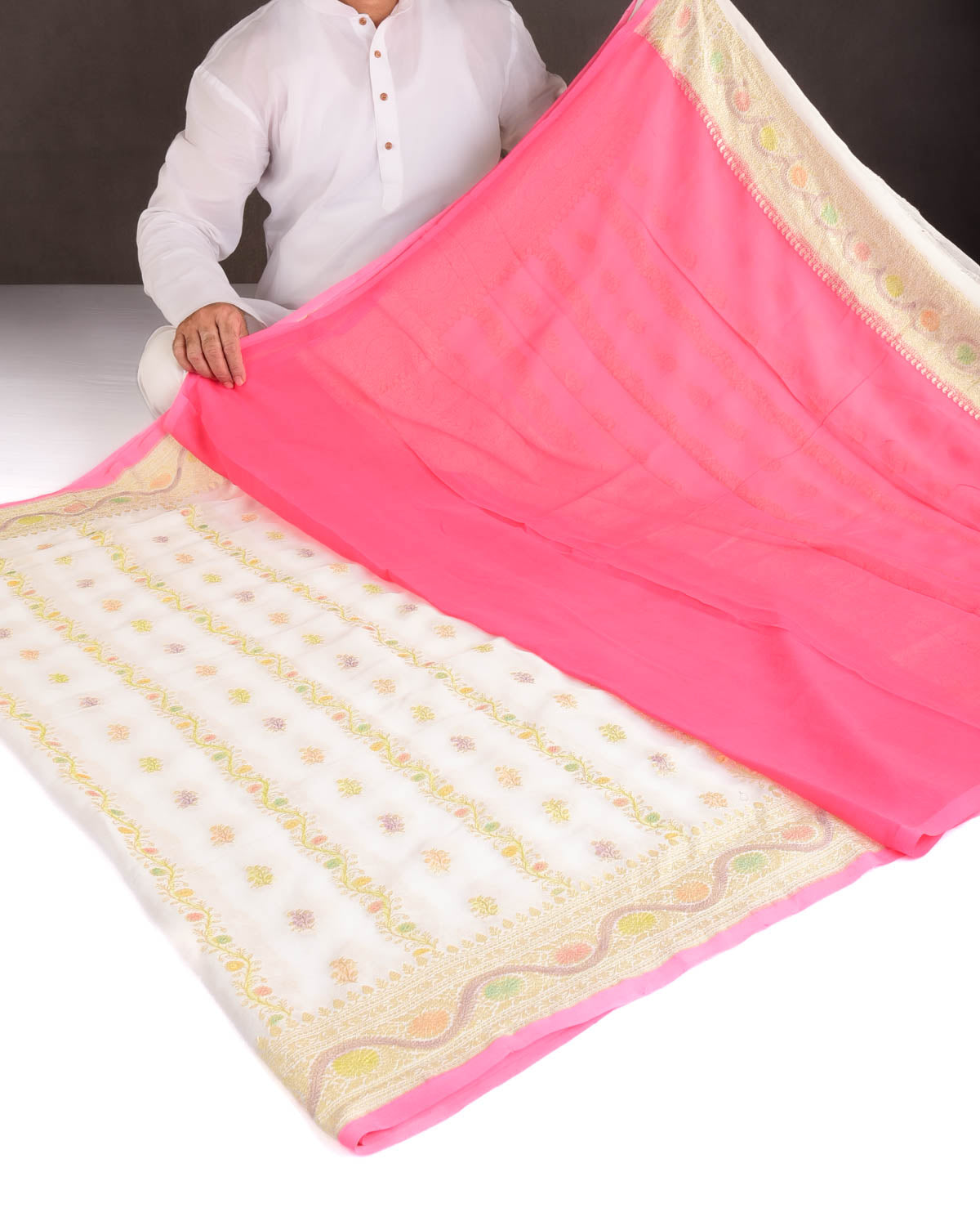 Ivory White Gold Zari Ornament Stripe Buti Hand Brush Highlight Cutwork Brocade Handwoven Khaddi Georgette Banarasi Saree-HolyWeaves