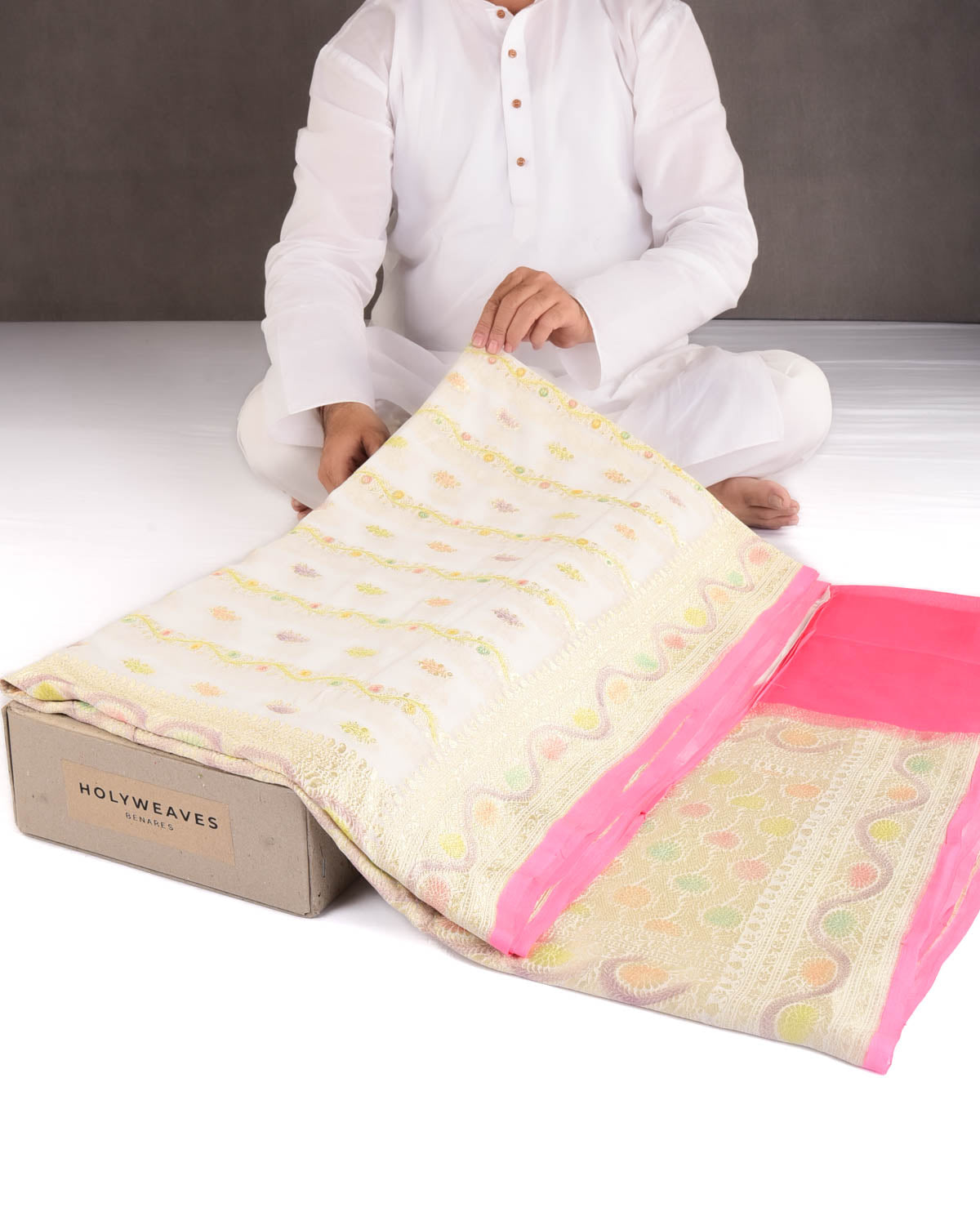 Ivory White Gold Zari Ornament Stripe Buti Hand Brush Highlight Cutwork Brocade Handwoven Khaddi Georgette Banarasi Saree-HolyWeaves