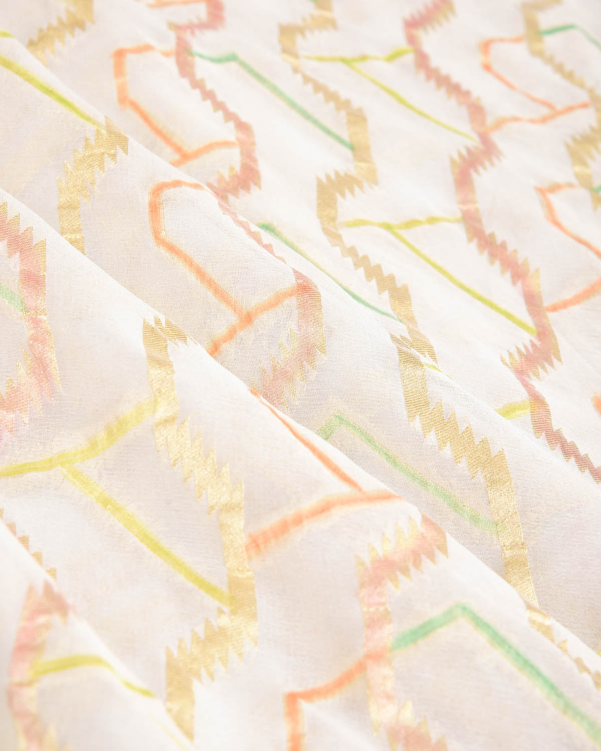 Ivory White Gold Zari Serrated Stripes Hand Brush Highlight Cutwork Brocade Handwoven Khaddi Georgette Banarasi Saree-HolyWeaves