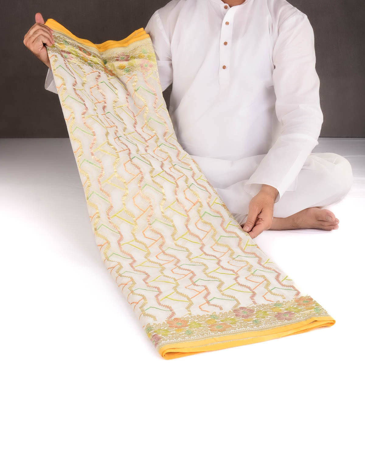 Ivory White Gold Zari Serrated Stripes Hand Brush Highlight Cutwork Brocade Handwoven Khaddi Georgette Banarasi Saree-HolyWeaves