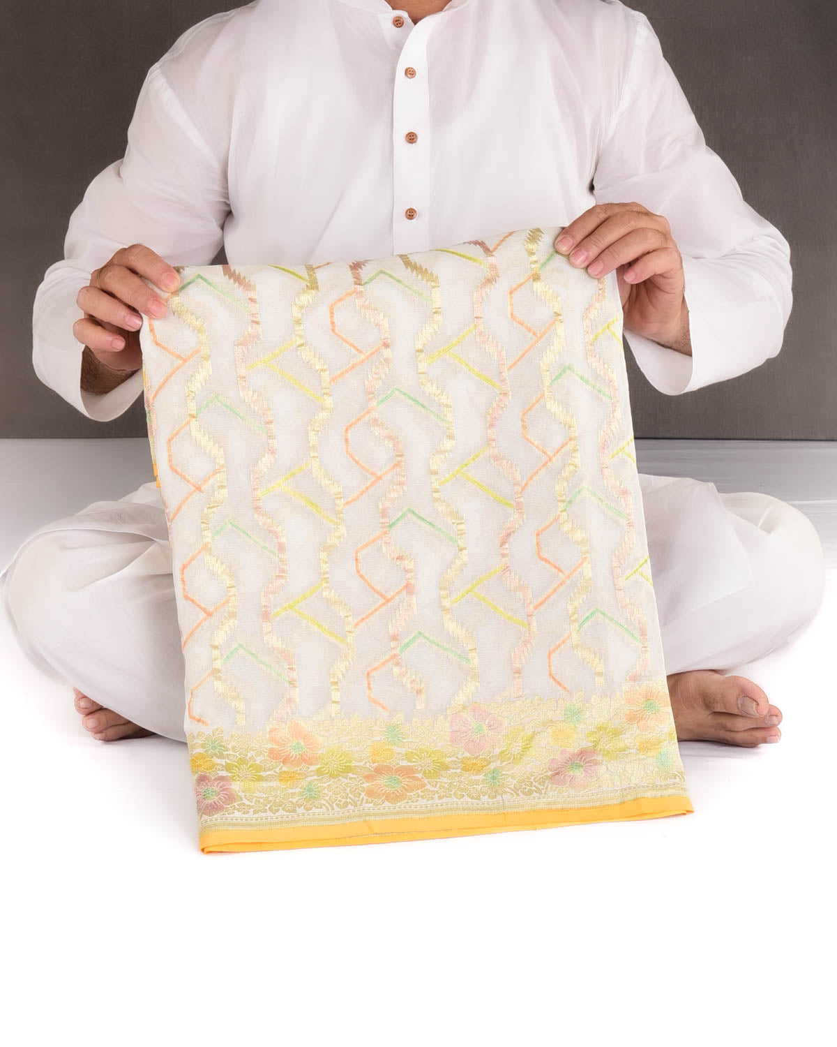 Ivory White Gold Zari Serrated Stripes Hand Brush Highlight Cutwork Brocade Handwoven Khaddi Georgette Banarasi Saree-HolyWeaves