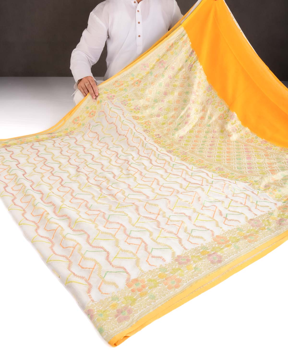 Ivory White Gold Zari Serrated Stripes Hand Brush Highlight Cutwork Brocade Handwoven Khaddi Georgette Banarasi Saree-HolyWeaves