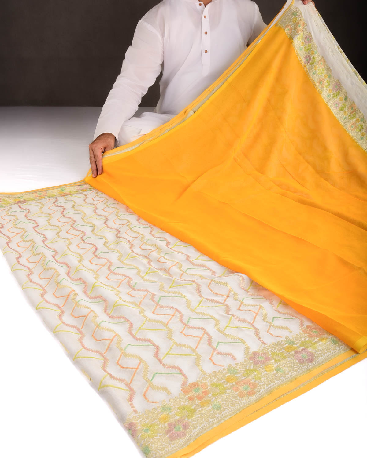 Ivory White Gold Zari Serrated Stripes Hand Brush Highlight Cutwork Brocade Handwoven Khaddi Georgette Banarasi Saree-HolyWeaves