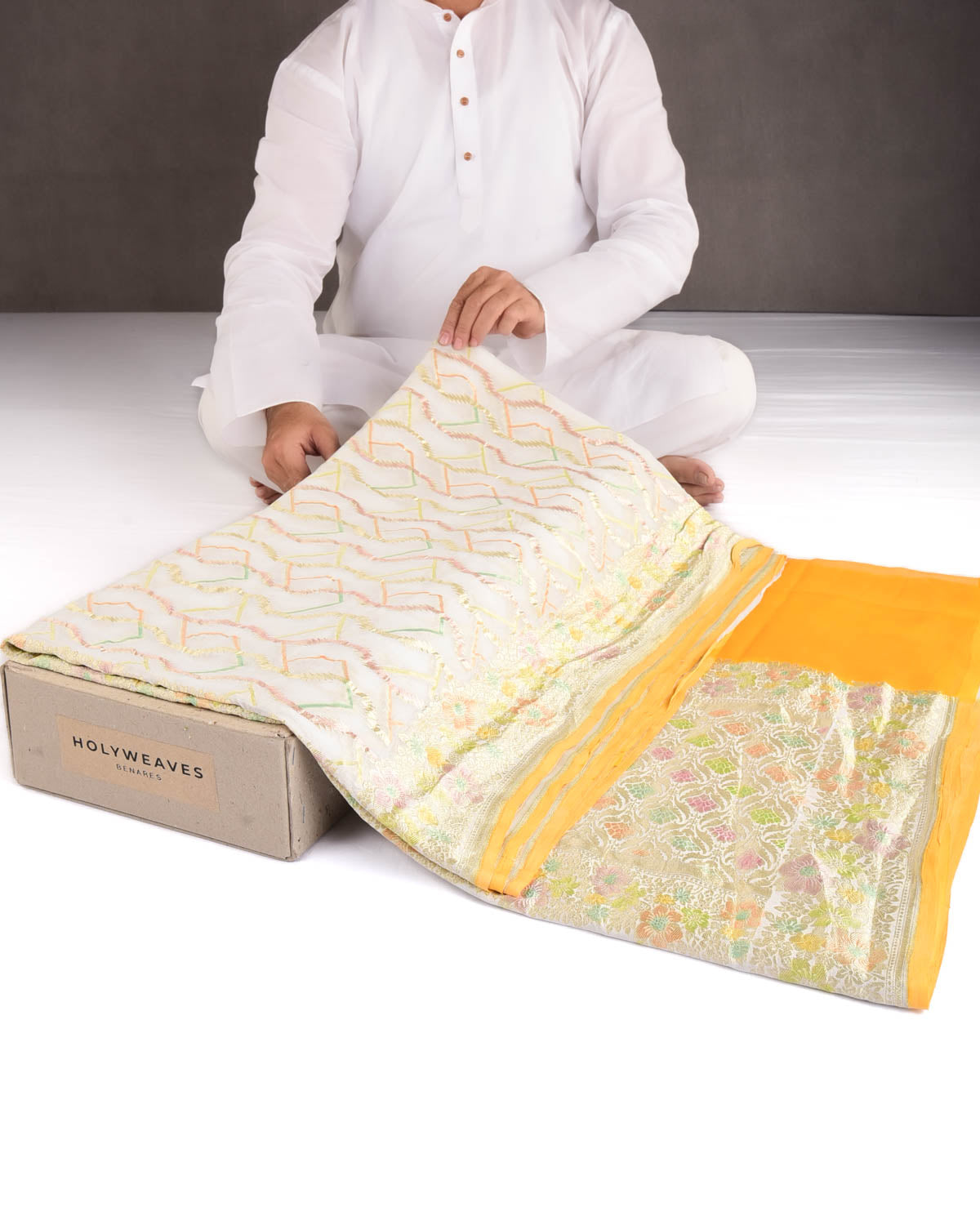 Ivory White Gold Zari Serrated Stripes Hand Brush Highlight Cutwork Brocade Handwoven Khaddi Georgette Banarasi Saree-HolyWeaves