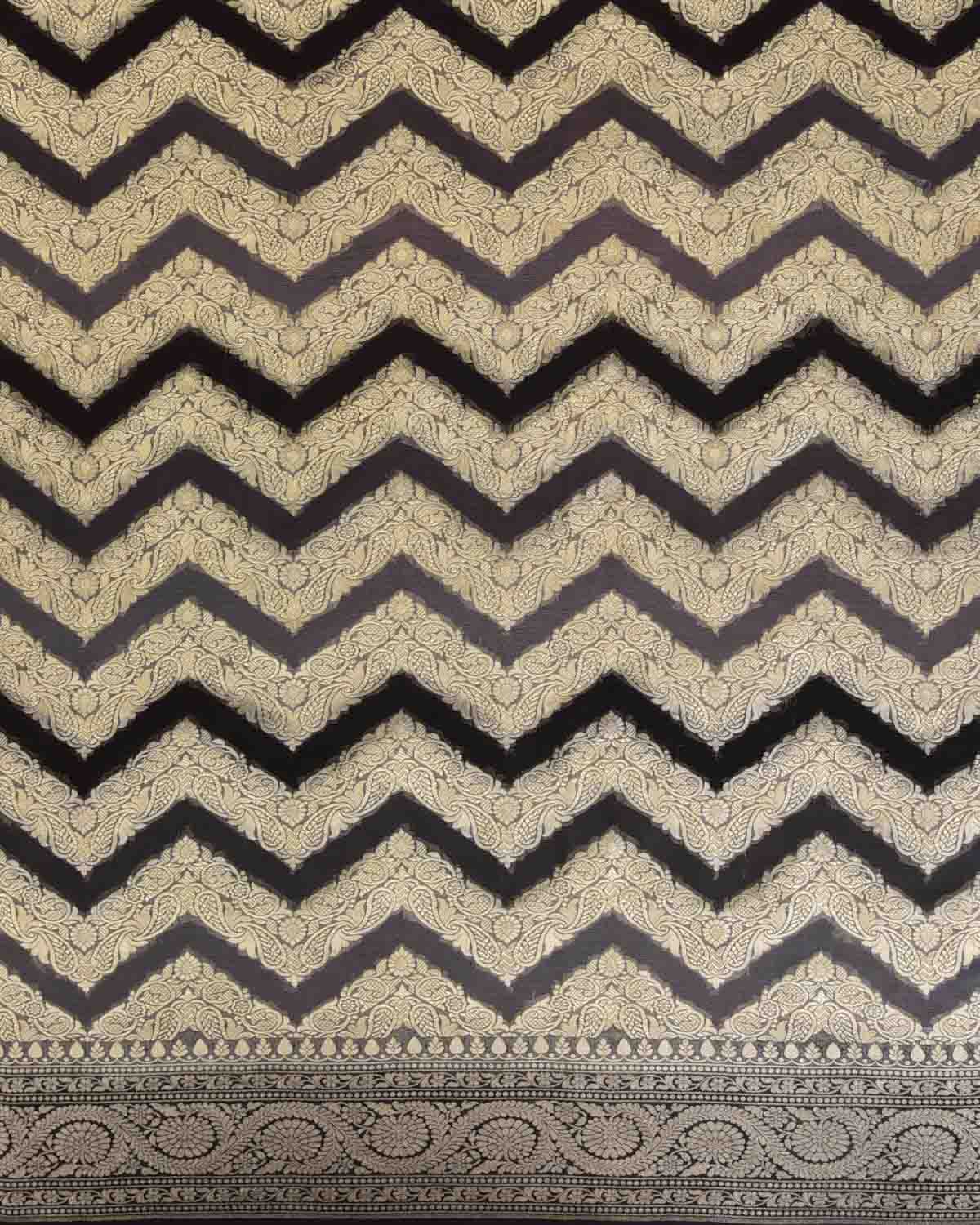 Ombre Gray Gold Zari Ornament Chevron Cutwork Brocade Handwoven Khaddi Georgette Banarasi Saree-HolyWeaves