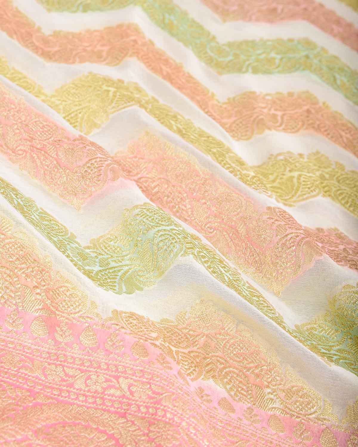 Ivory White Gold Zari Ornament Chevron Hand Brush Highlight Cutwork Brocade Handwoven Khaddi Georgette Banarasi Saree-HolyWeaves