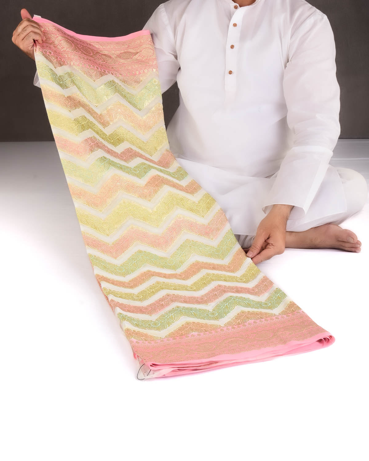 Ivory White Gold Zari Ornament Chevron Hand Brush Highlight Cutwork Brocade Handwoven Khaddi Georgette Banarasi Saree-HolyWeaves