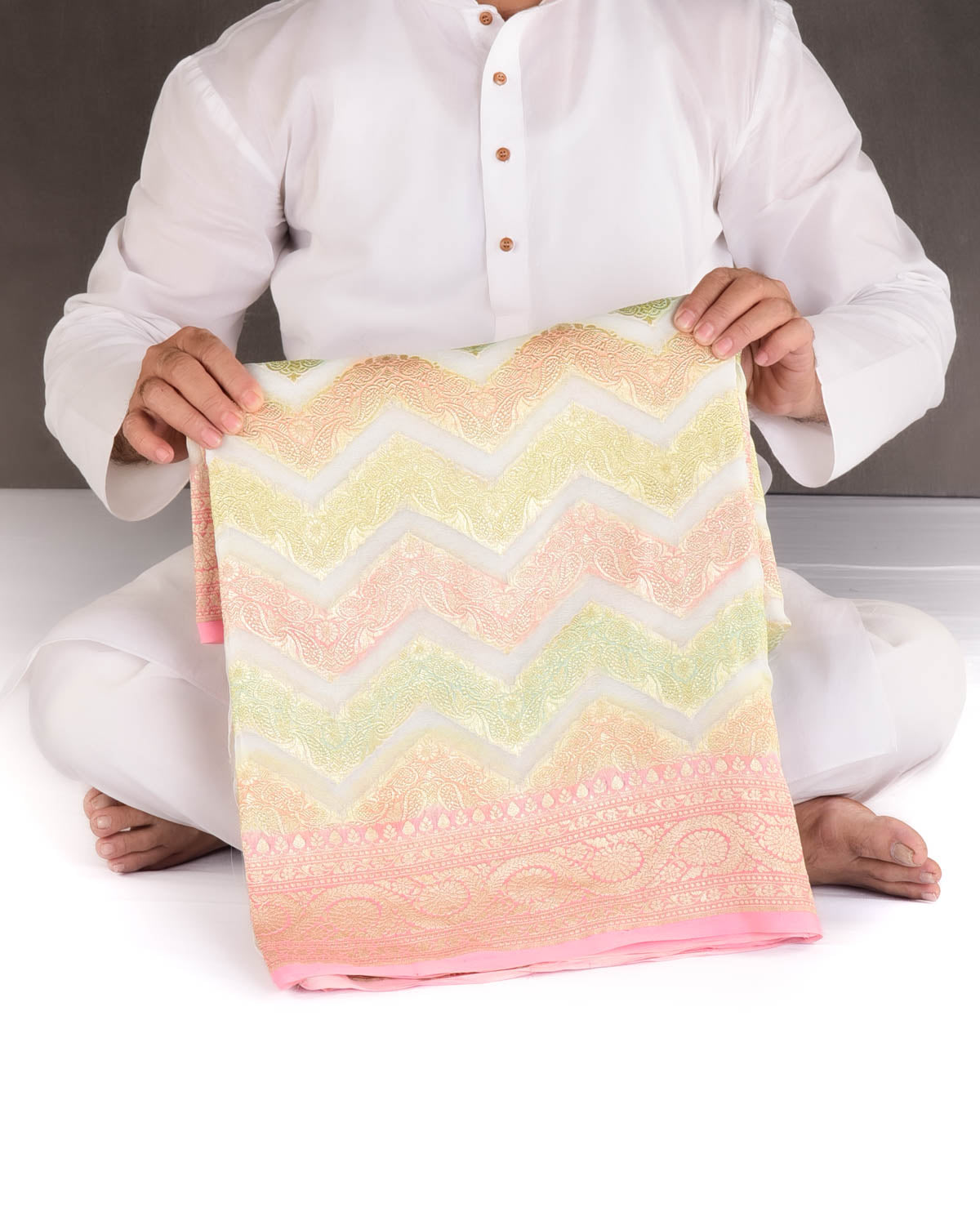 Ivory White Gold Zari Ornament Chevron Hand Brush Highlight Cutwork Brocade Handwoven Khaddi Georgette Banarasi Saree-HolyWeaves