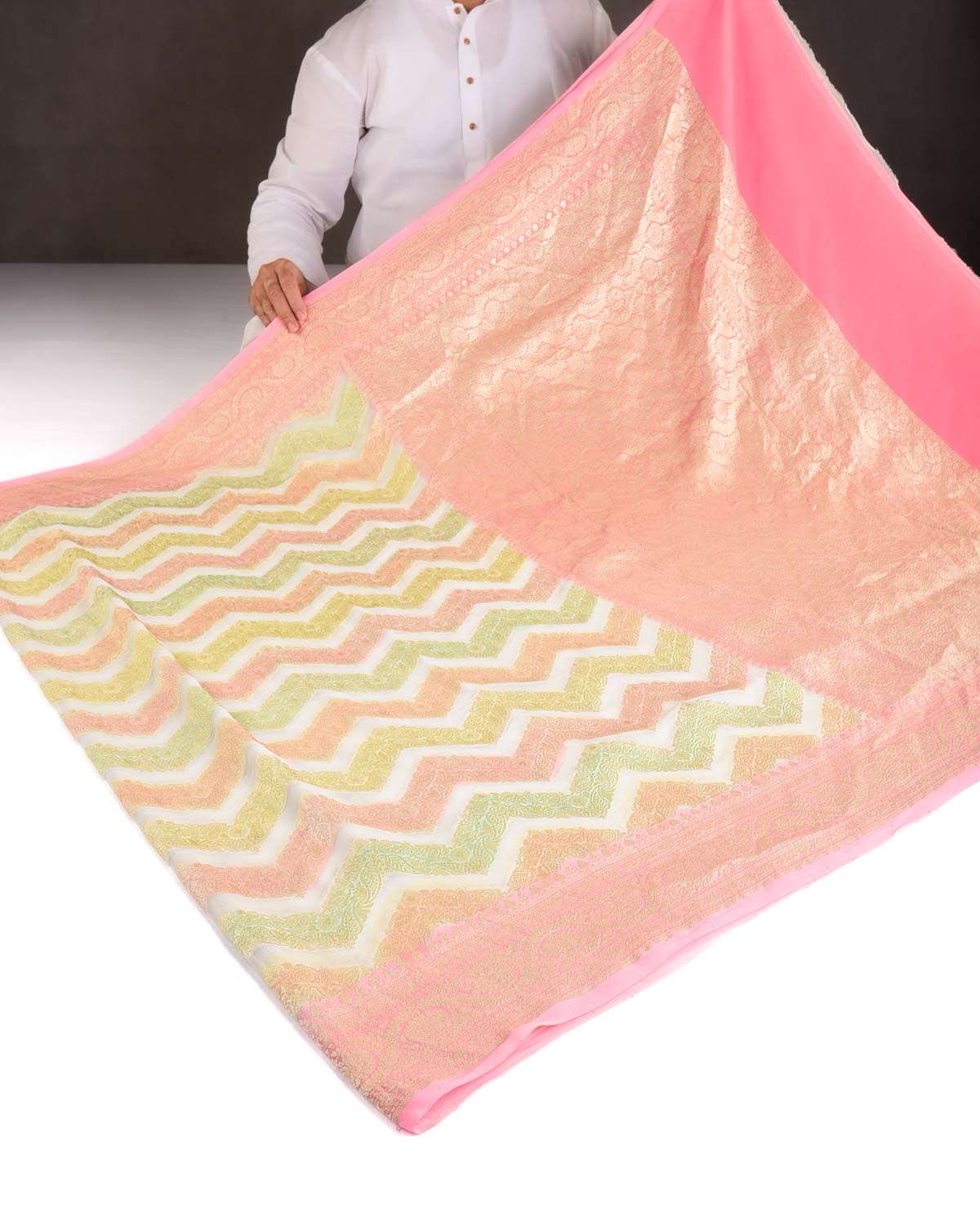 Ivory White Gold Zari Ornament Chevron Hand Brush Highlight Cutwork Brocade Handwoven Khaddi Georgette Banarasi Saree-HolyWeaves