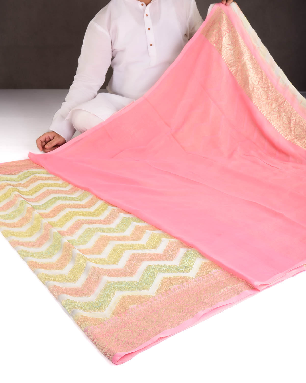 Ivory White Gold Zari Ornament Chevron Hand Brush Highlight Cutwork Brocade Handwoven Khaddi Georgette Banarasi Saree-HolyWeaves